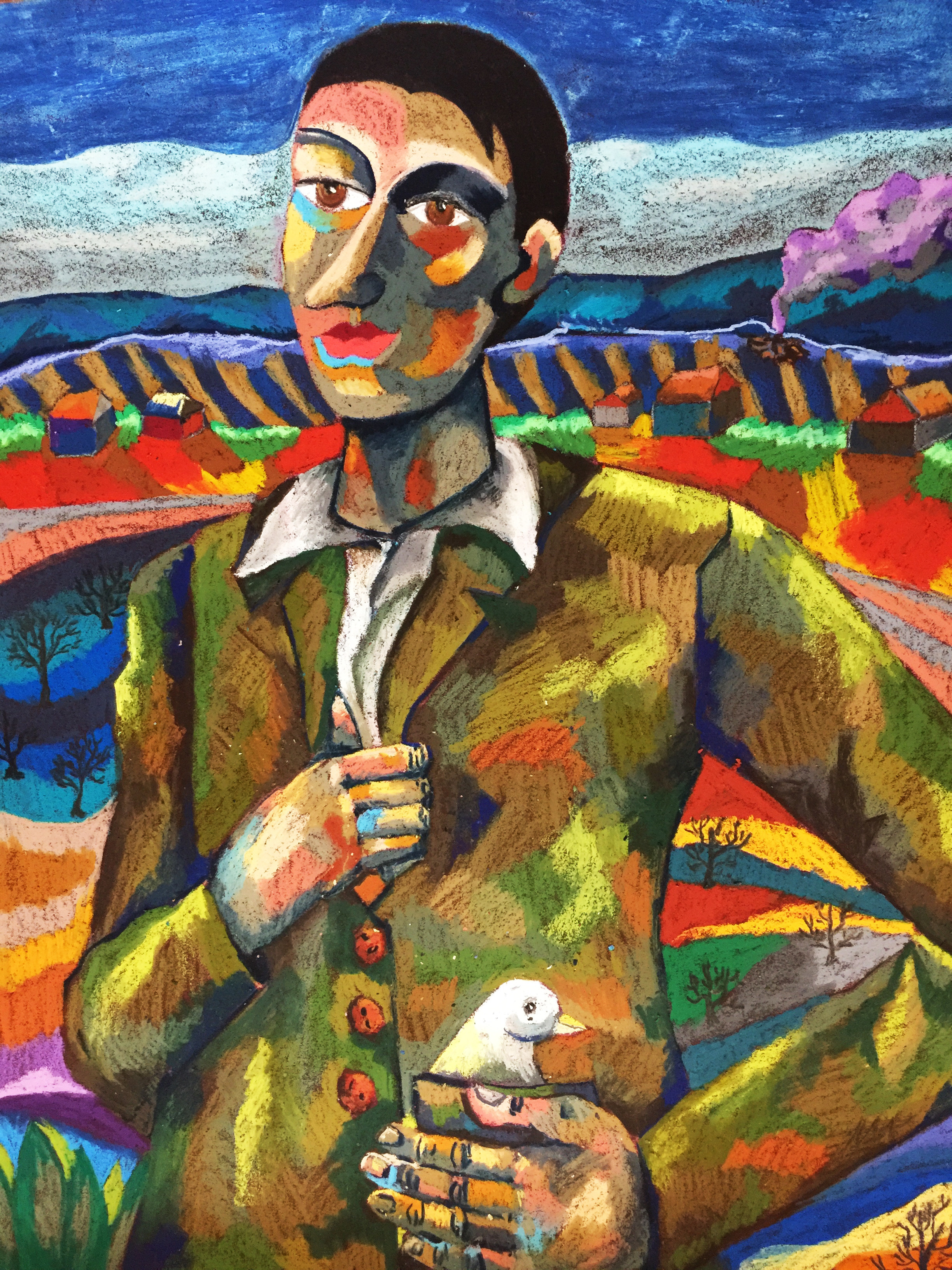 Title: Bird Catcher Medium: Oil pastel on paper Size: 77 x 100 cm Year: 2021