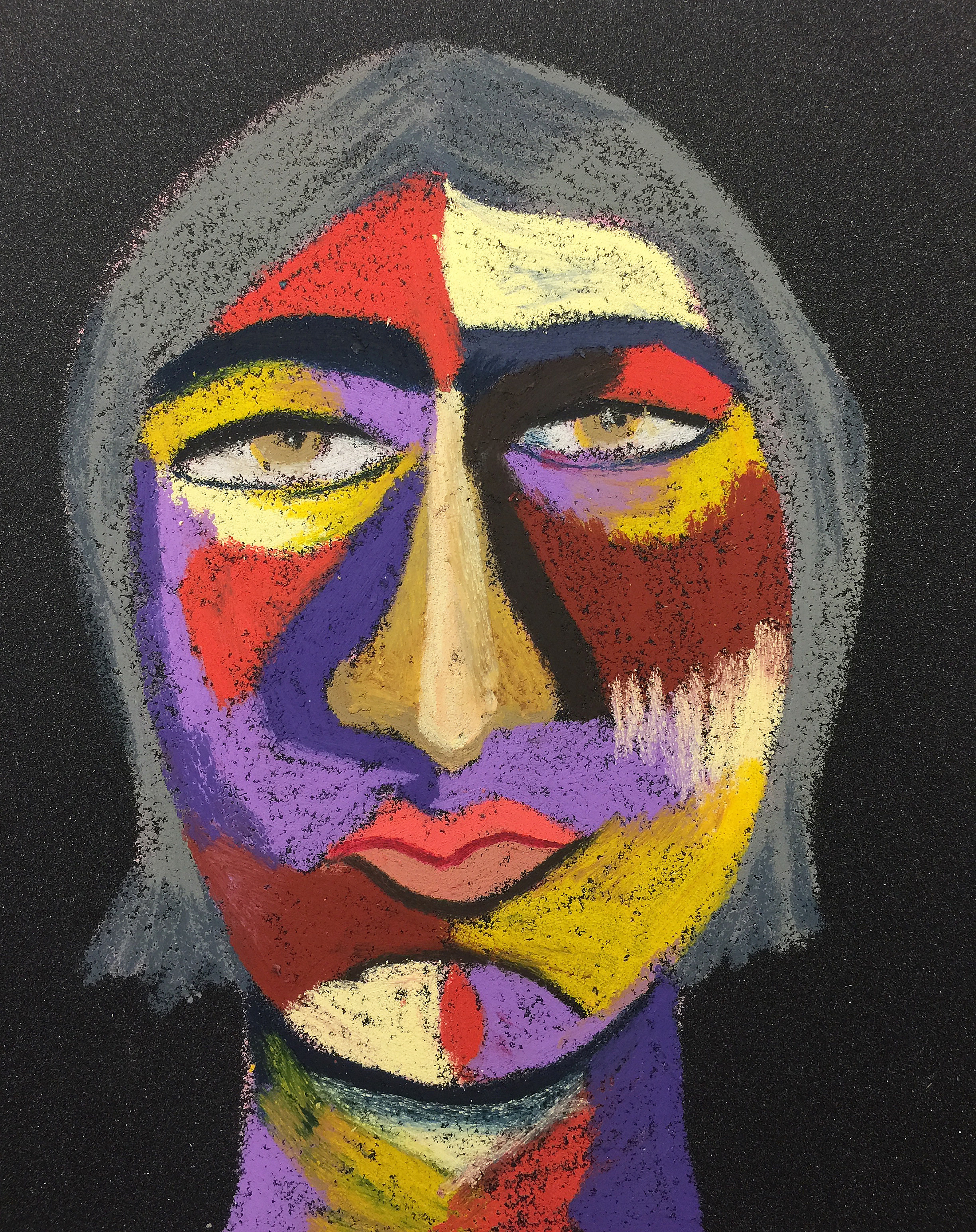 Title: "The Gossip Teacher" Material: Oil pastel, sandpaper Size: 28 x 23 cm