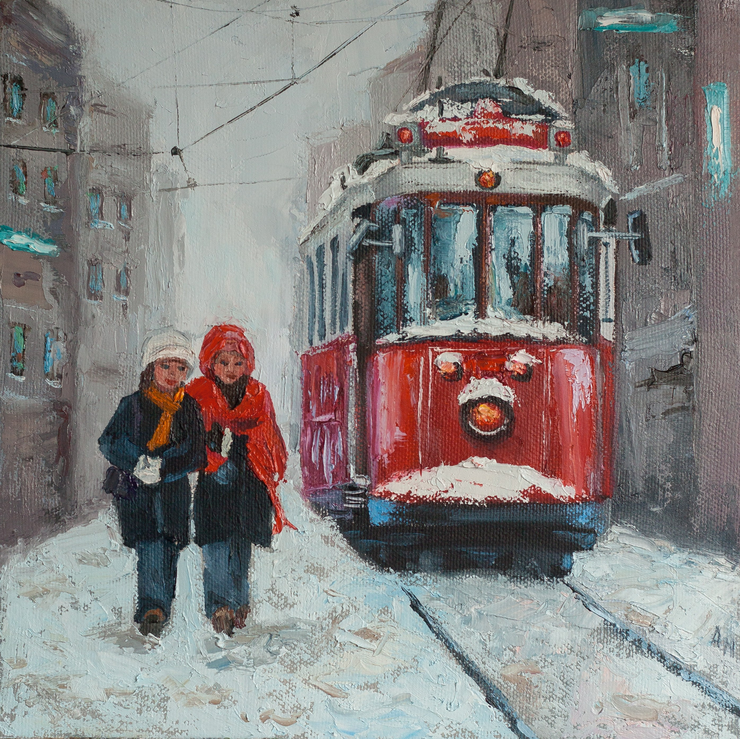 Зимний трамвай и пара. Купить картину маслом на холсте в Саратове