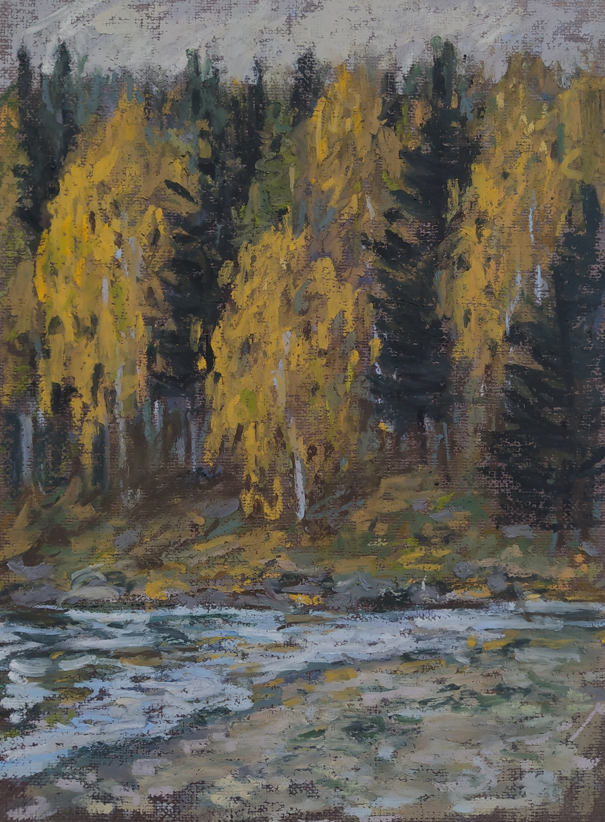 Пейзаж масляной пастелью, рисунок - Берег уральской реки осенью