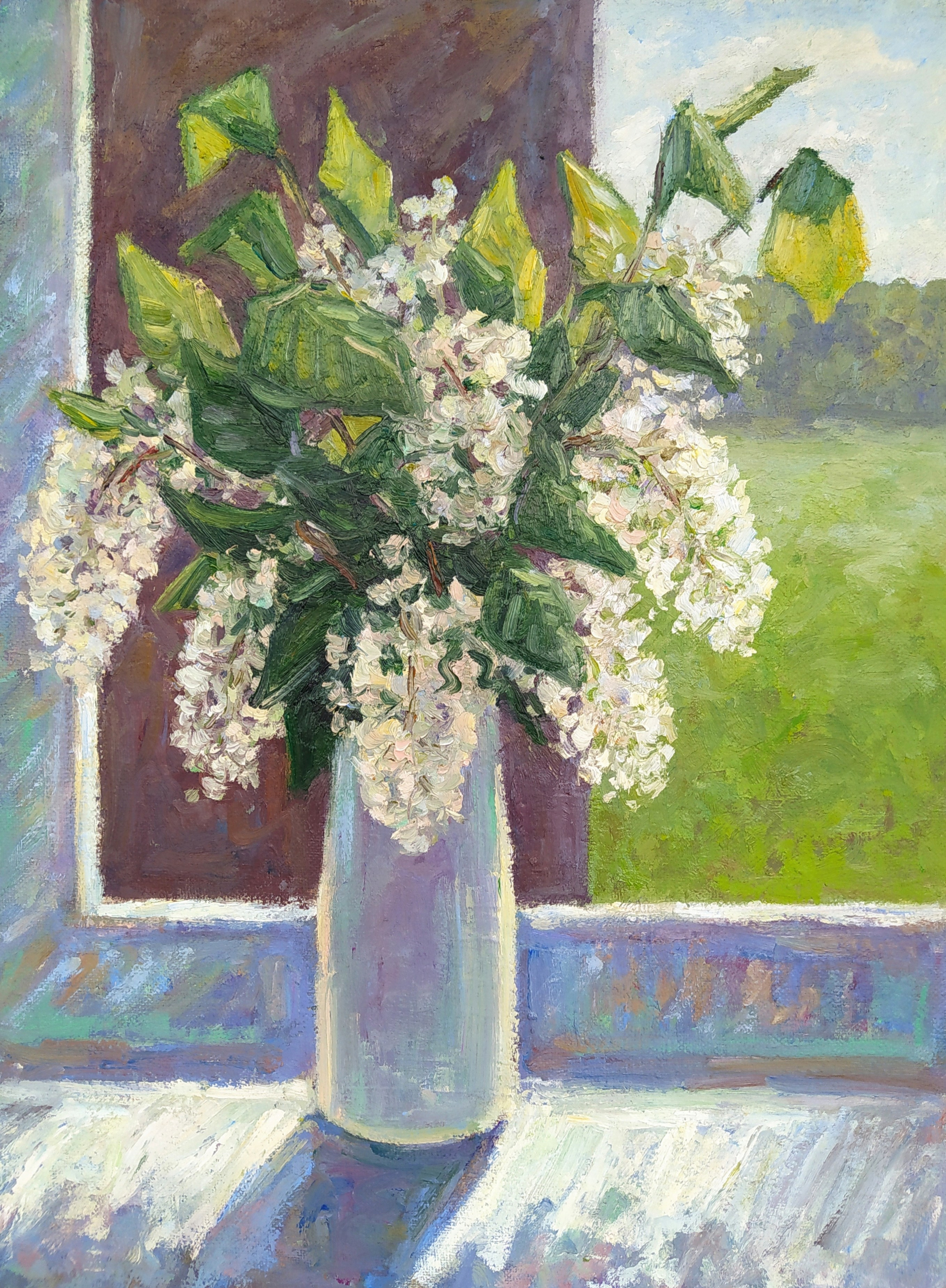 Букет черемухи на окне - Картина маслом, импрессионизм 