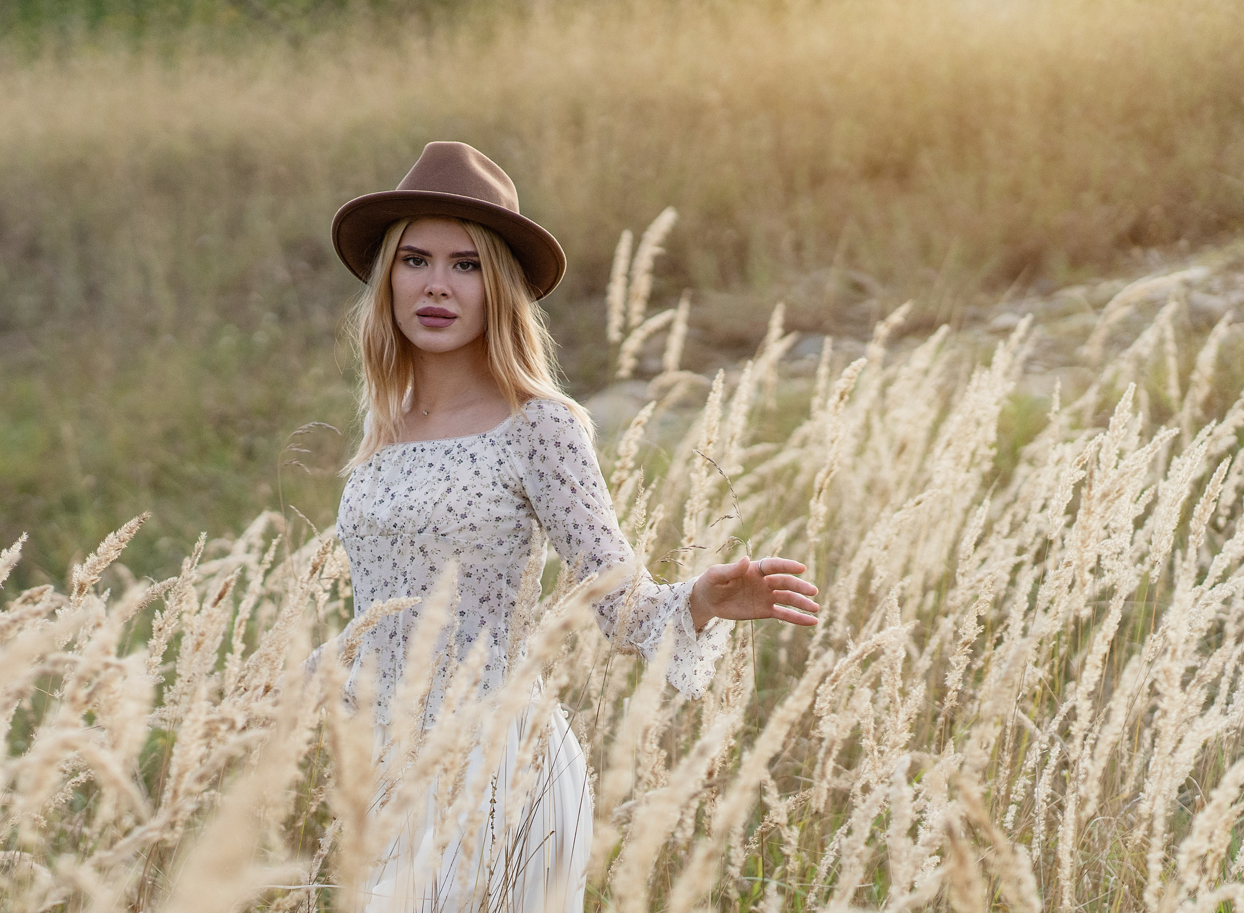 Девушка проводит рукой по верхушкам пшеницы. На заднем плане закат.