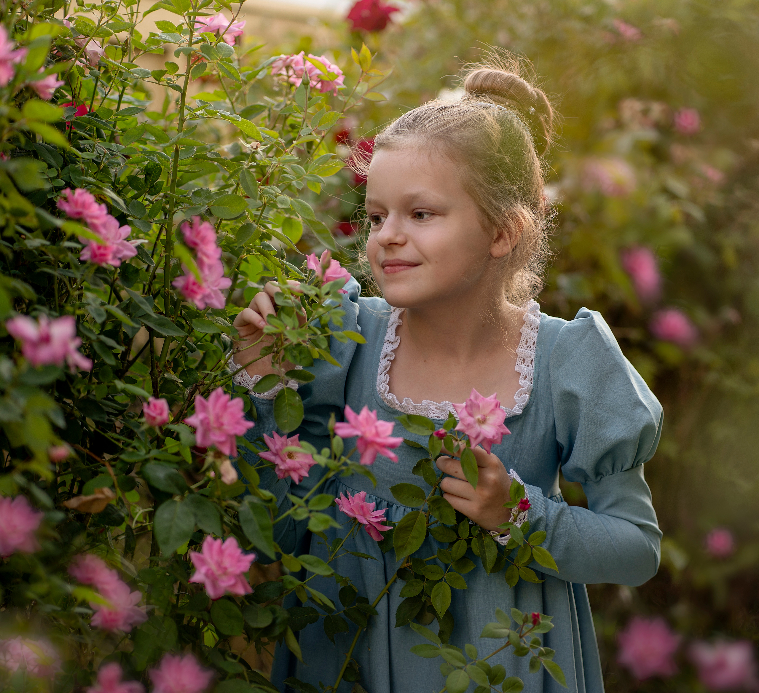 Девочка восхищается розами, она в старинном, голубом платье с белым кружевом.