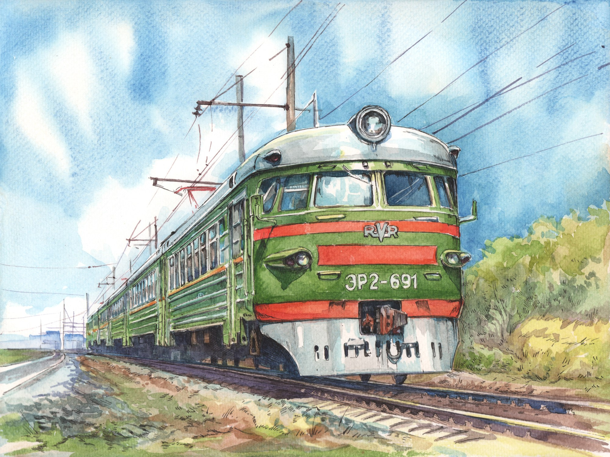 Пригородные поезда. Художник Александр Петрунин