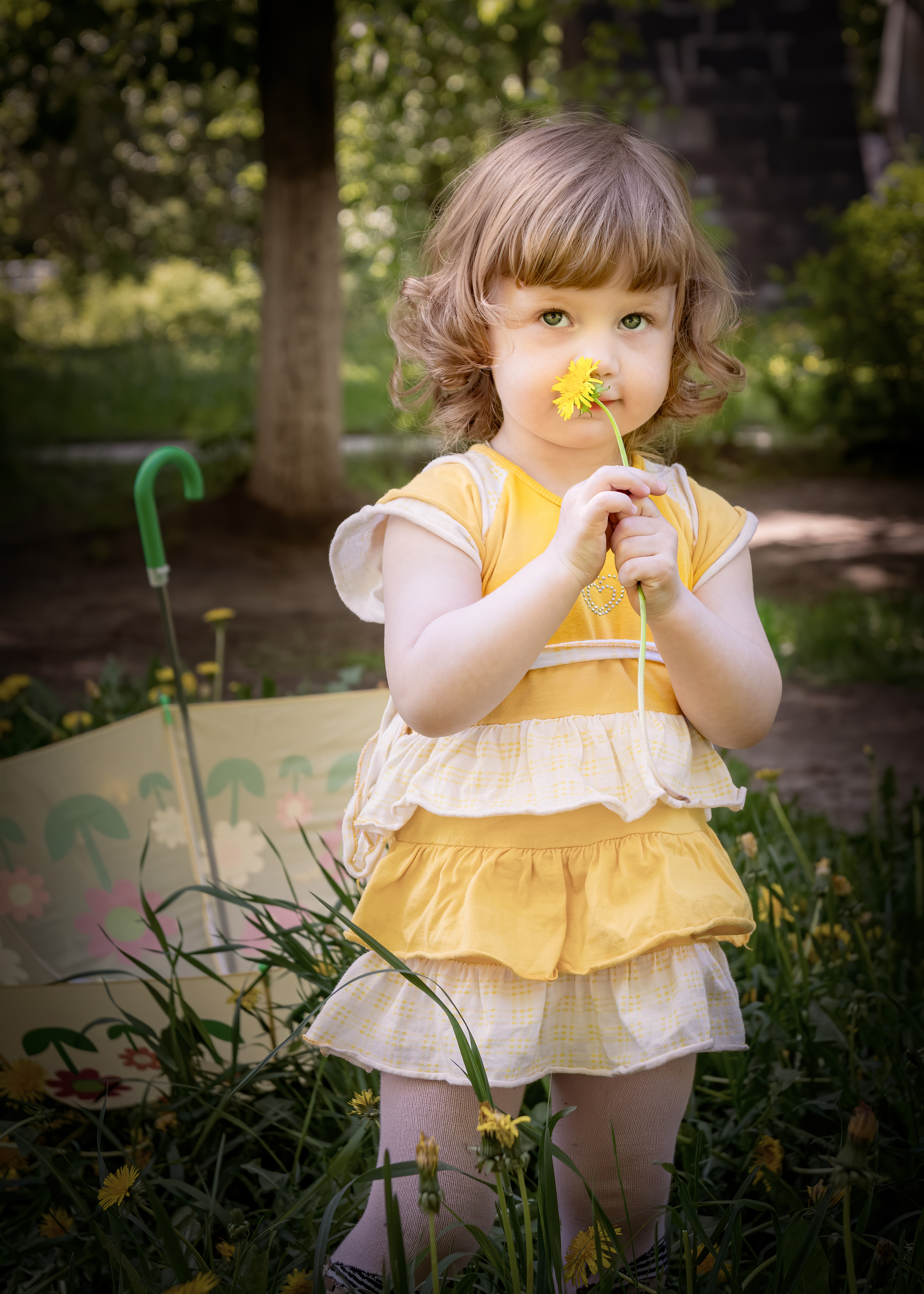 Девочка в желтом платье стоит в в парке и держит в руках цветок одуванчика 