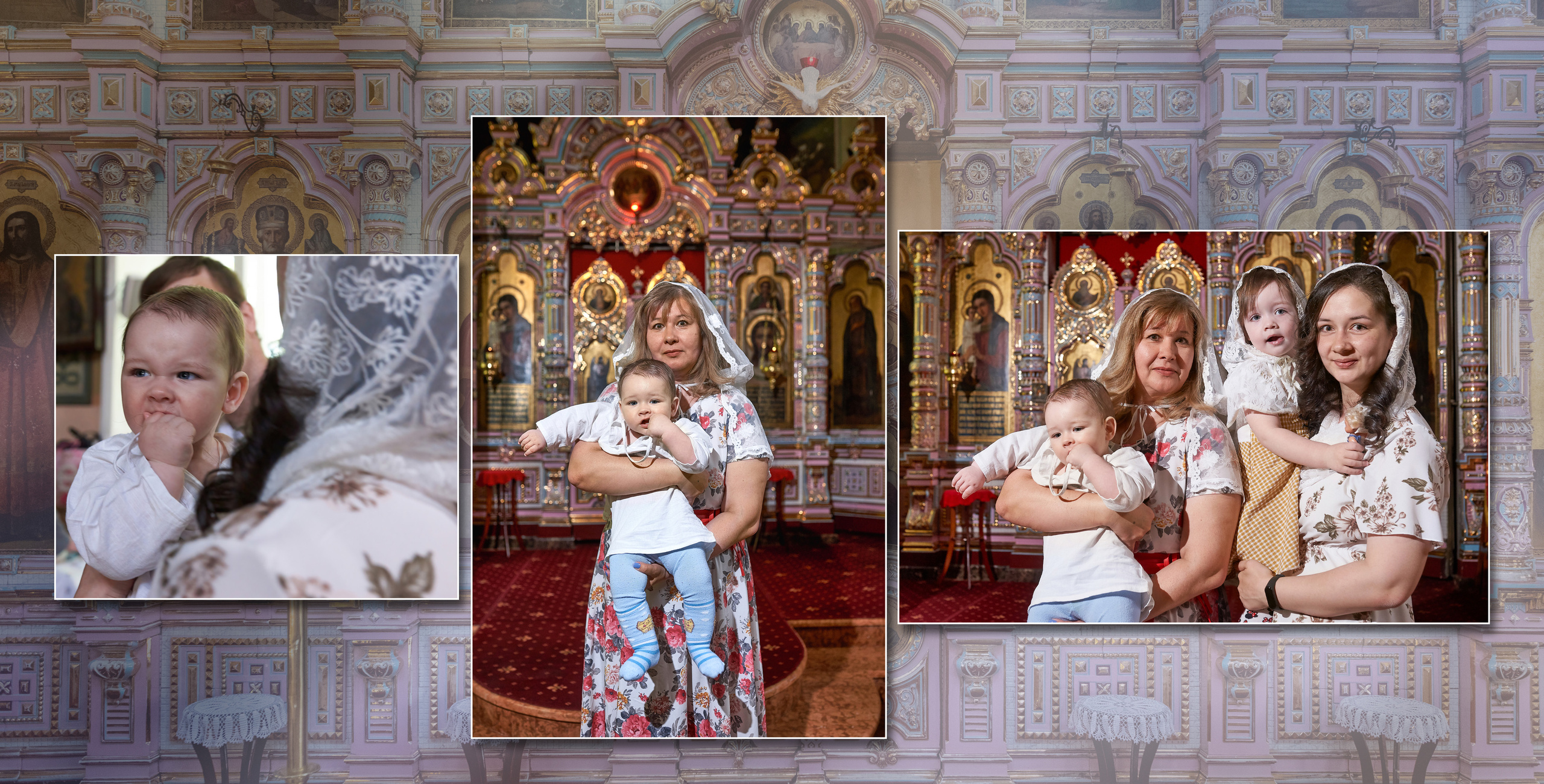 Крестины в церкви. разворот фотокниги посвященной крещению ребенка в церкви