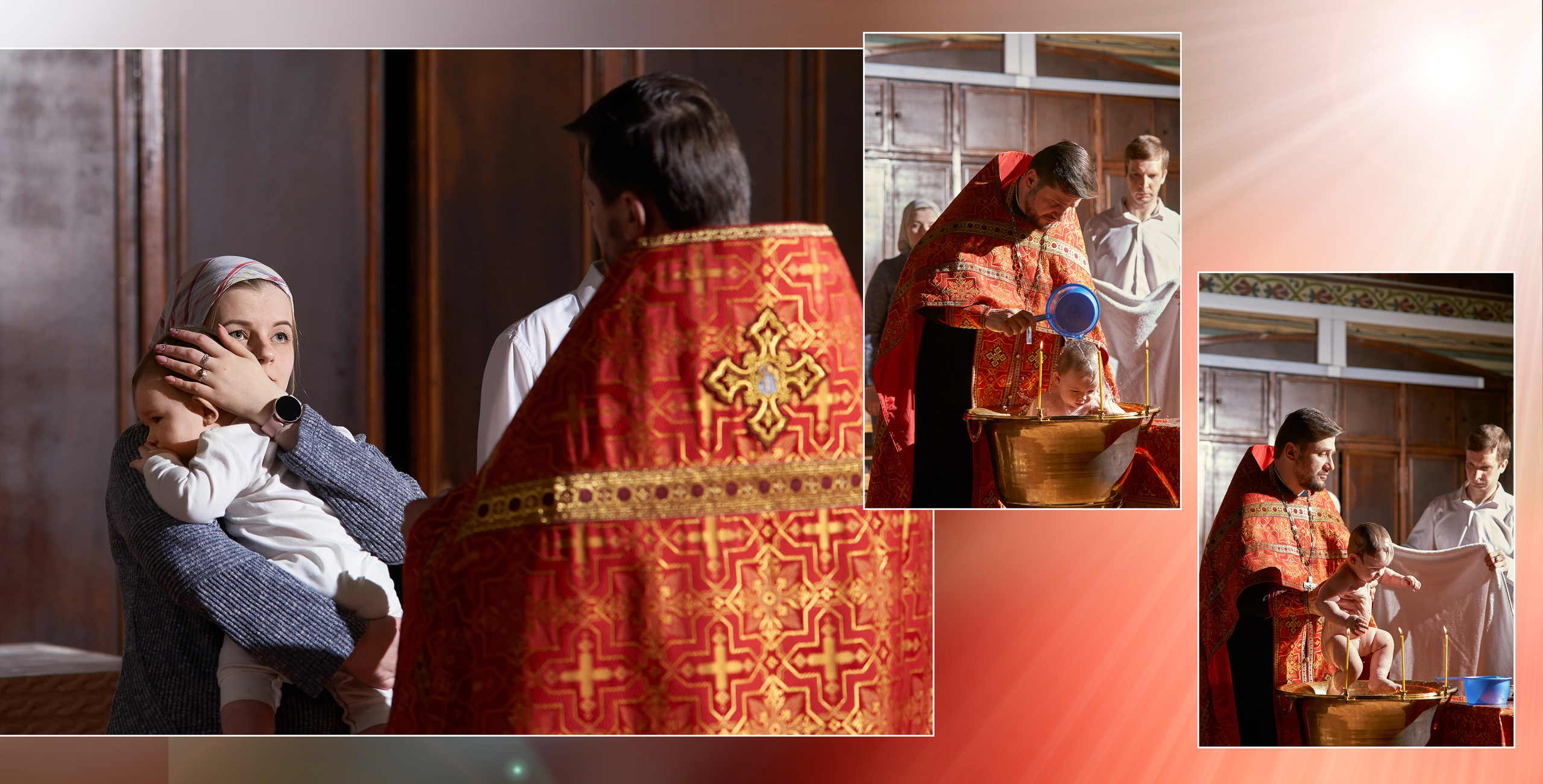 Крестины в церкви. разворот фотокниги посвященной крещению ребенка в церкви