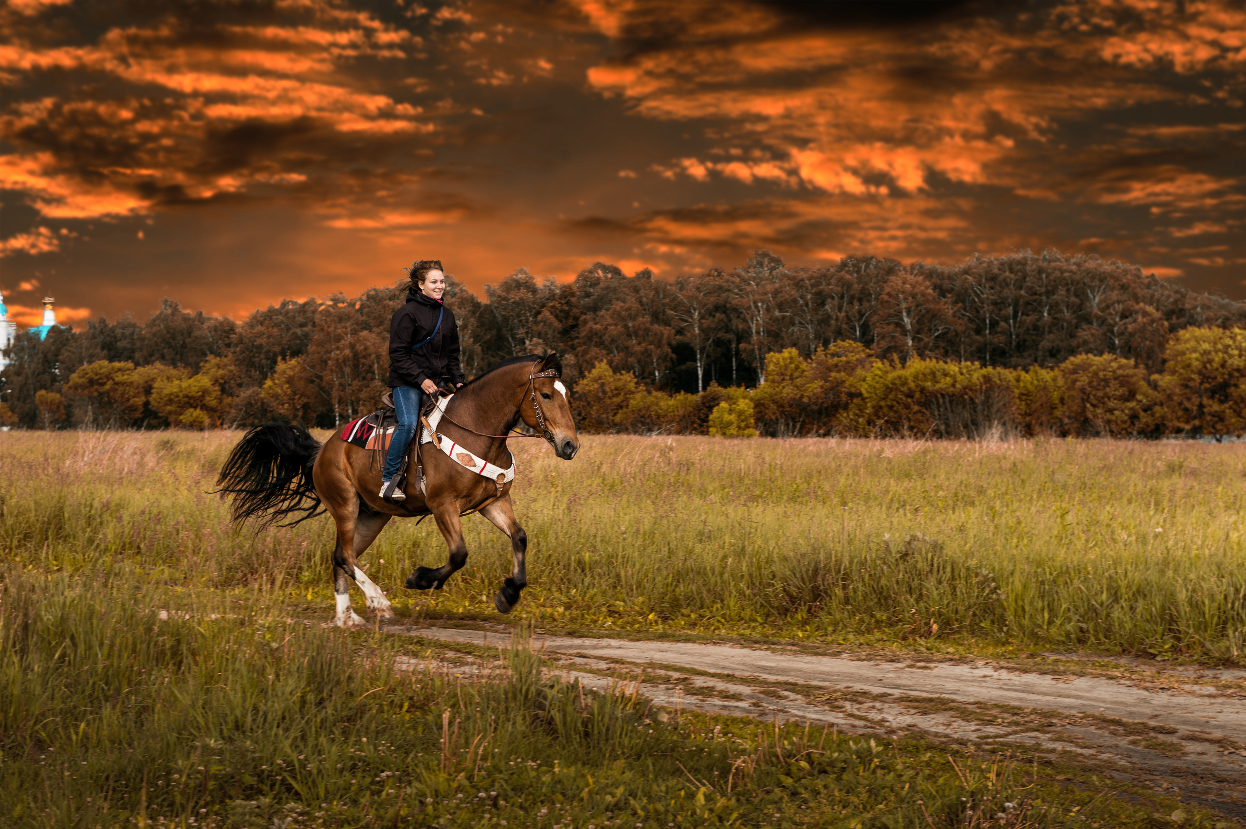 девушка скачет галопом верхом на коне по полю на фоне красивого заката
