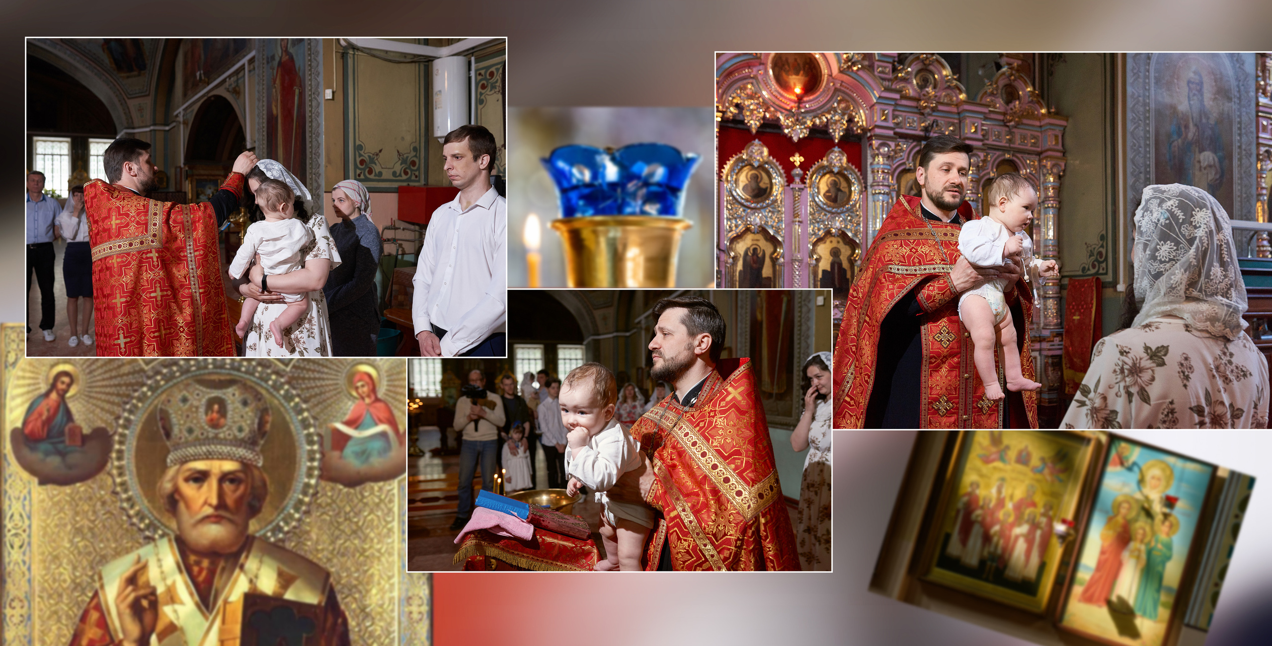 Крестины в церкви. разворот фотокниги посвященной крещению ребенка в церкви