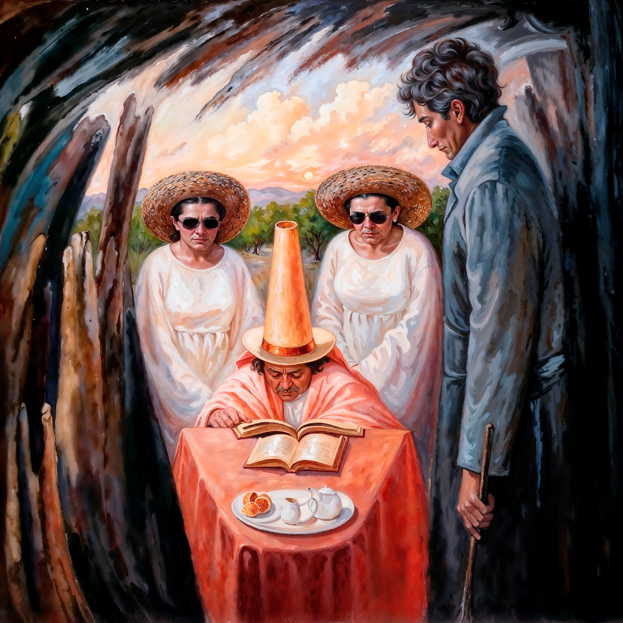 Оптическая иллюзия по мотивам Олега Шупляка: группа людей и предметы интерьера формируют лицо мужчины в шляпе, ремастеринг изображения с помощью нейросетей.