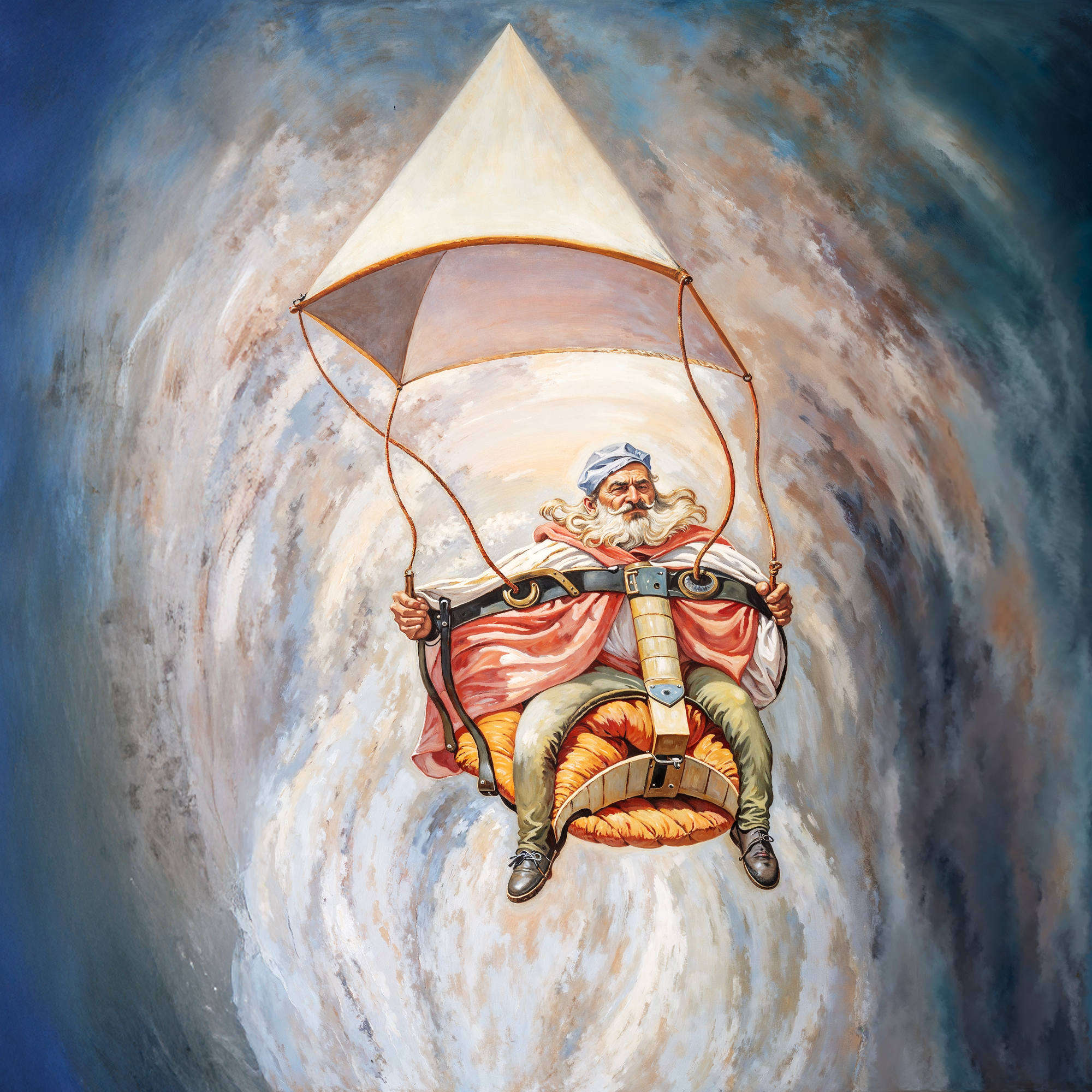 Летающий человек в кресле с треугольным парусом в вихре облаков, метафора свободы и иллюзии в стиле Олега Шупляка.