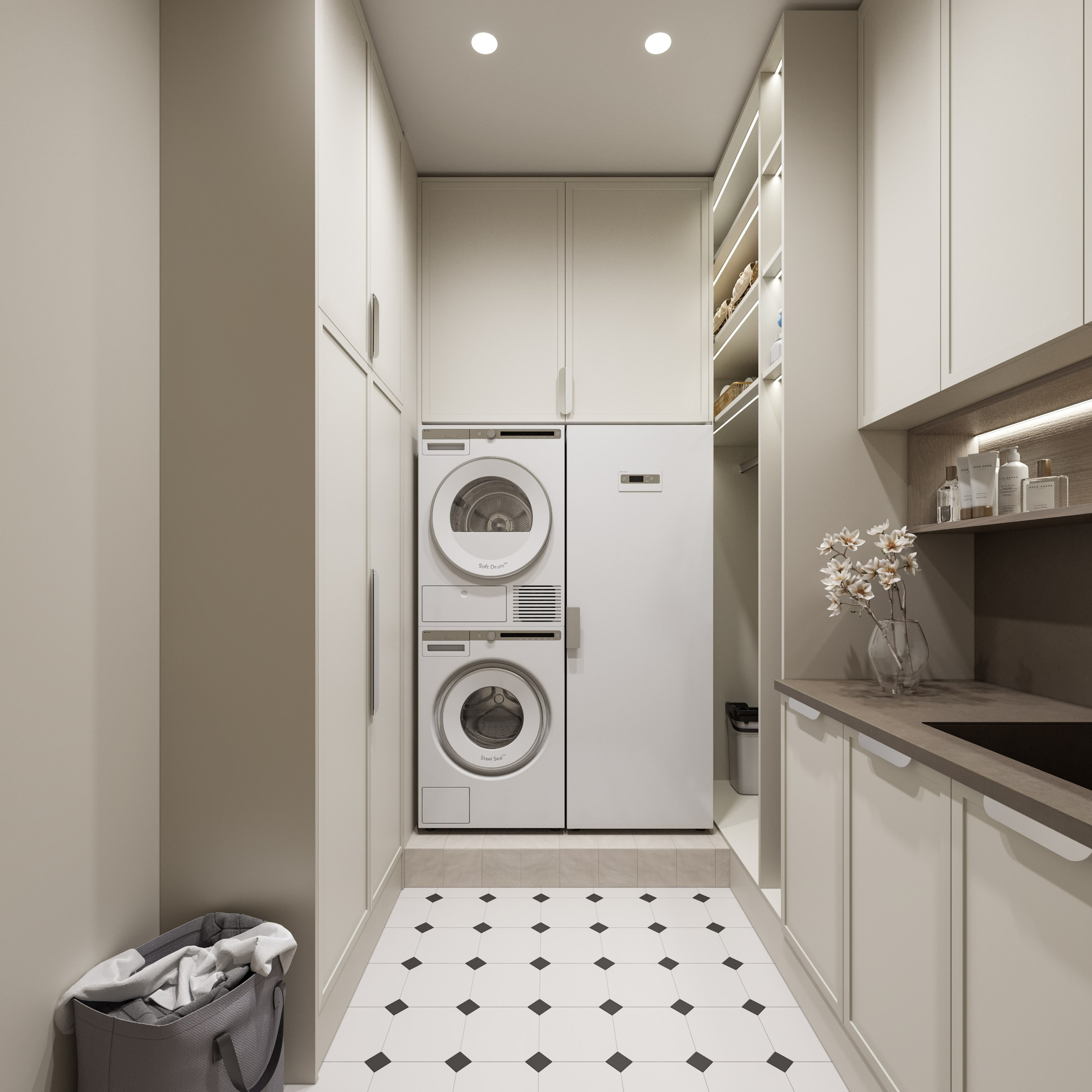 3D визуализация постирочной комнаты со встроенной техникой за фасадами из дерева