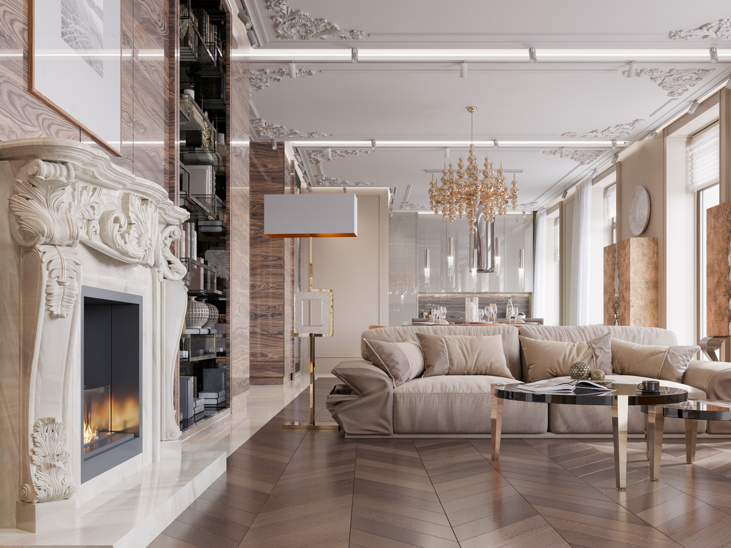 Интерьер двухэтажной квартиры премиум-класса с высокими потолками и сложным многоуровневым освещением.