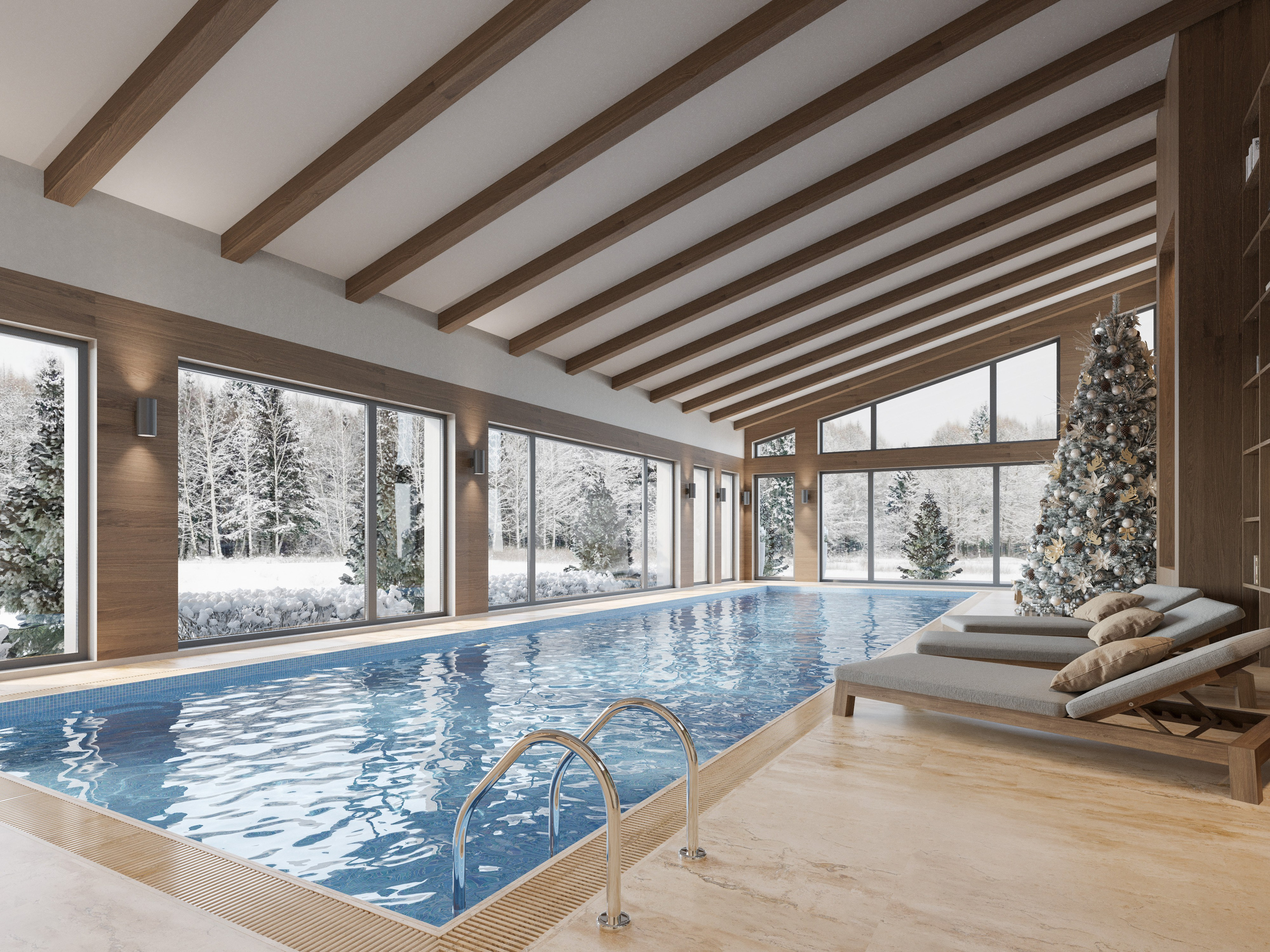 Визуализация бассейна с панорамным остеклением