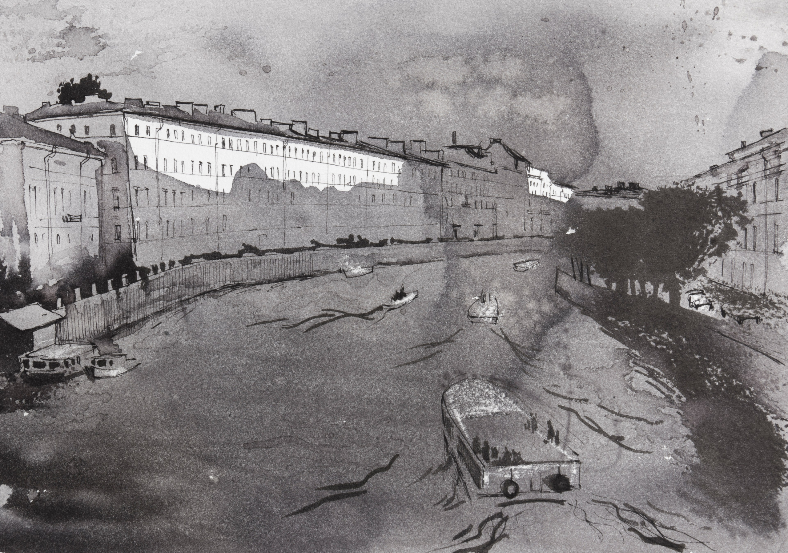 город, графика, черно-белый город, белые ночи, Петербург