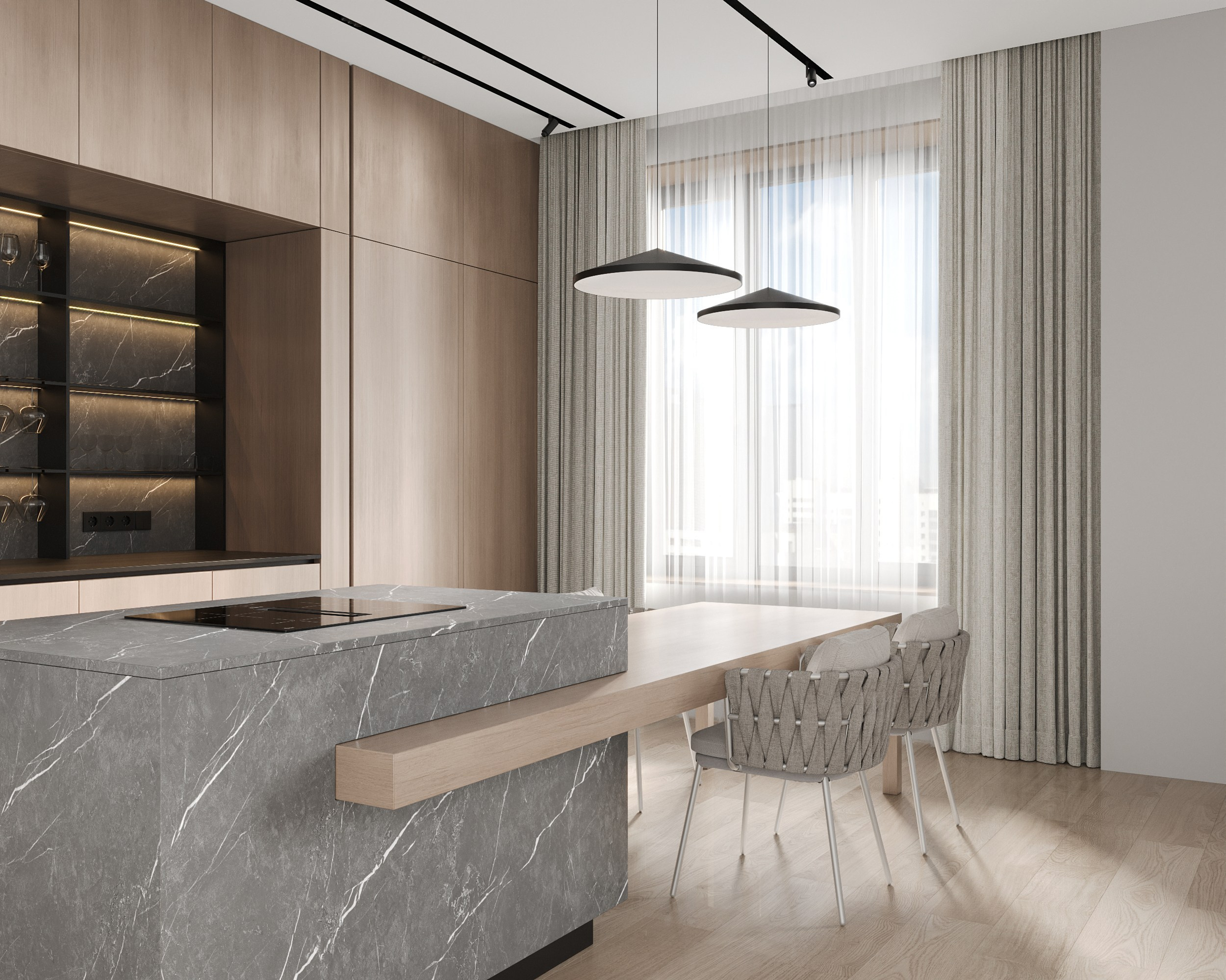 Marble Monolith & Soft Oak. 3D Визуализация