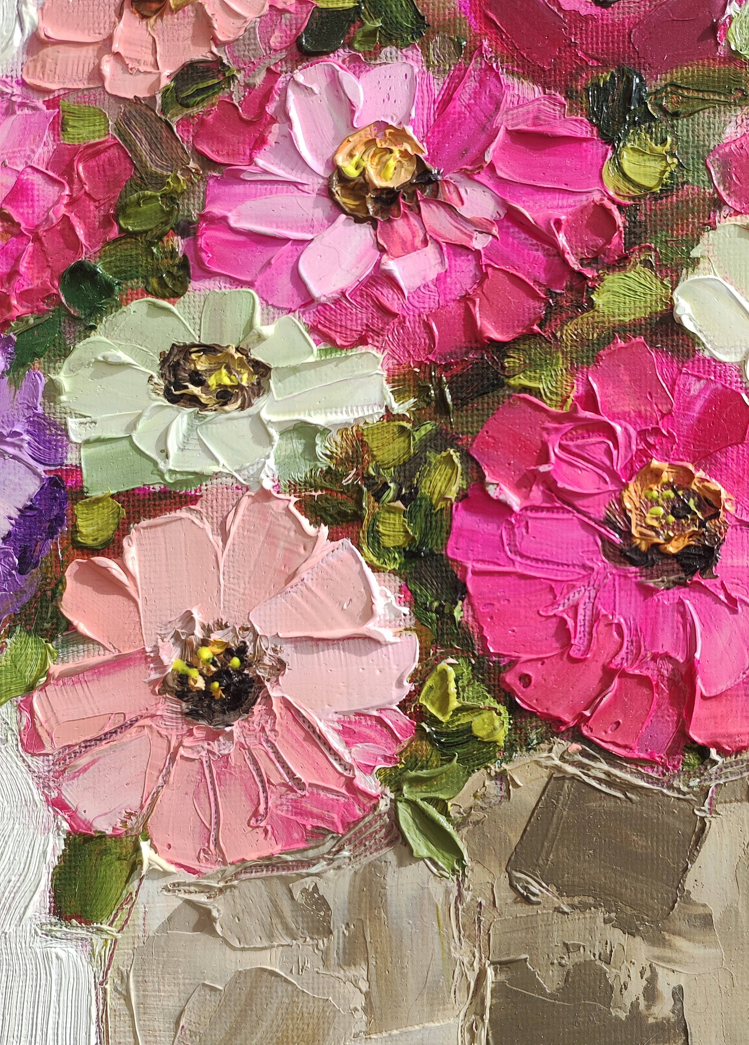 Интерьерная картина с розовыми и сиреневыми цветами, декоративная живопись.