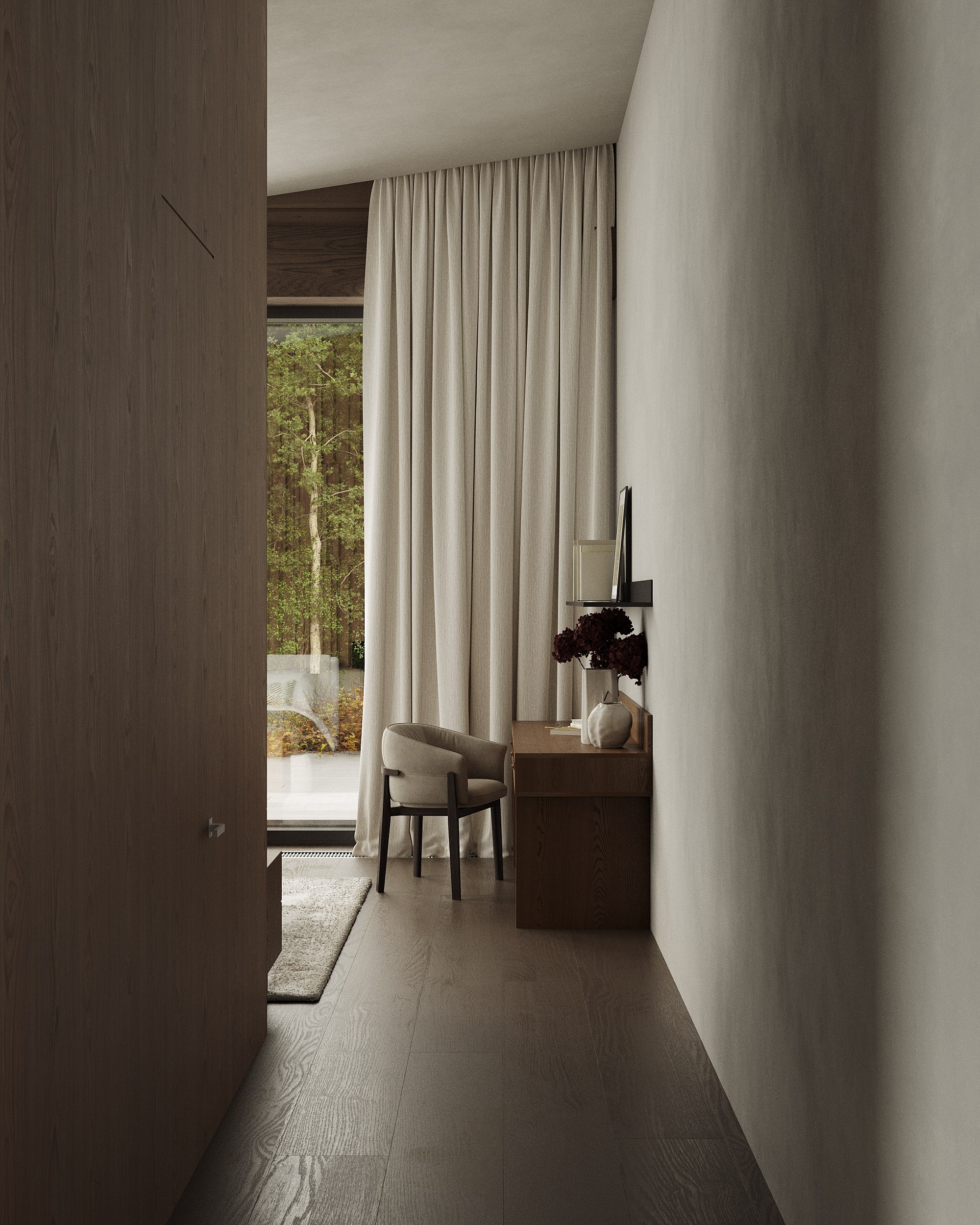 Уютная светлая спальня в доме из бруса с дизайнерской мебелью.