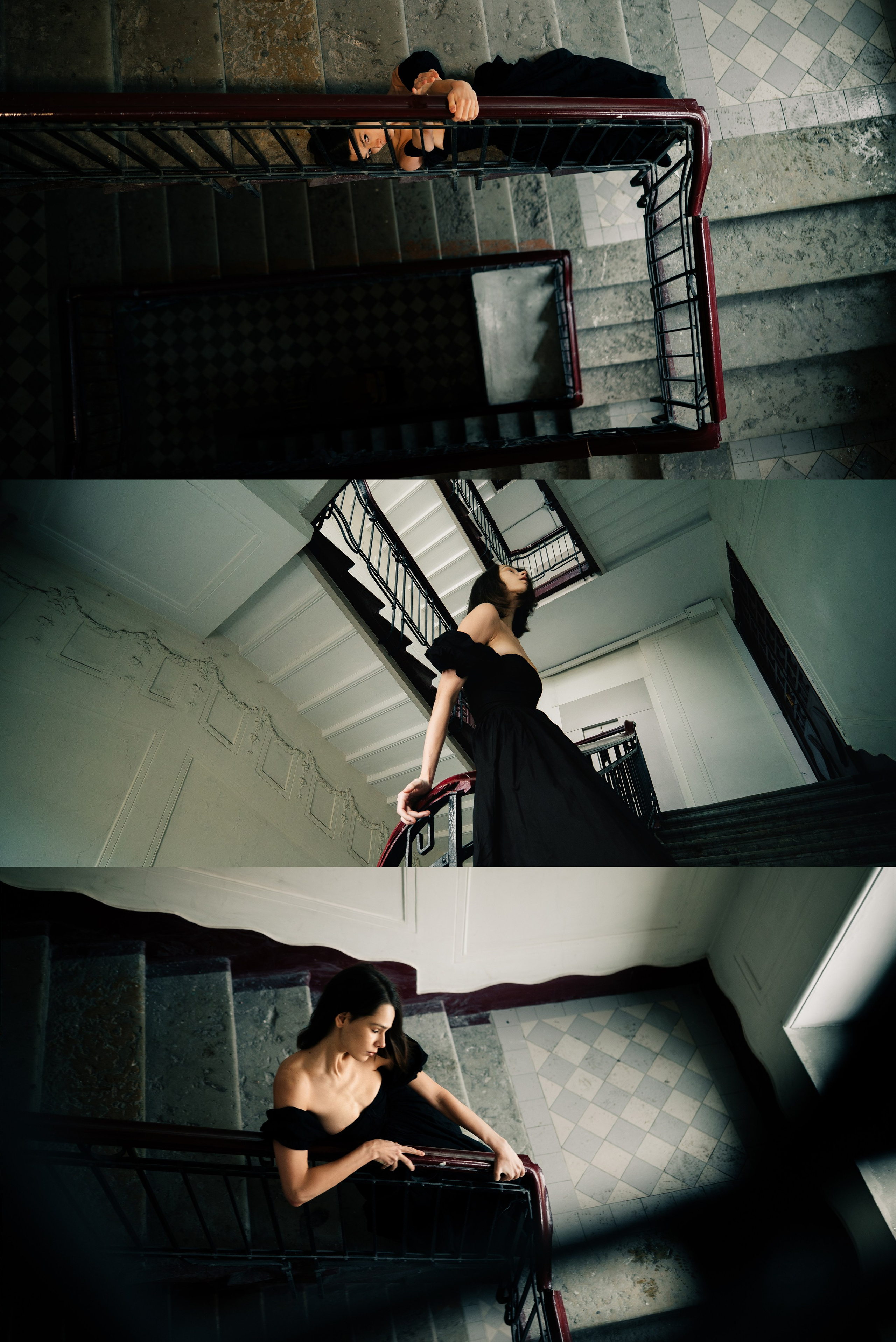 Девушка в черном платье в парадной