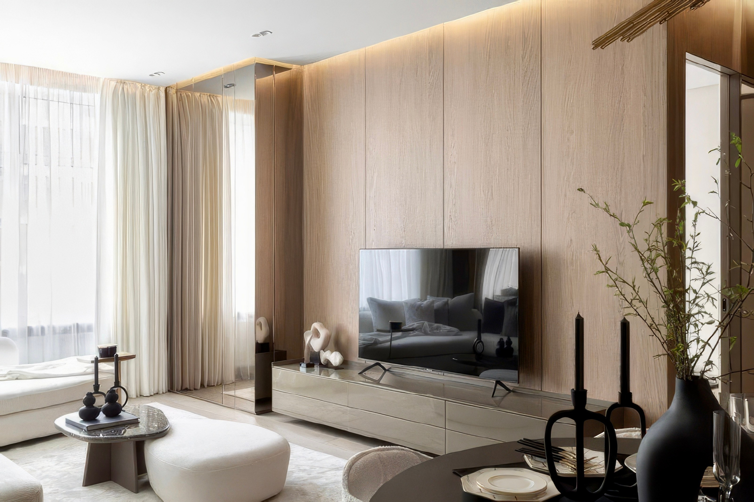 ТВ-зона в гостиной с деревянными панелями и теплой подсветкой | Валерия Котович