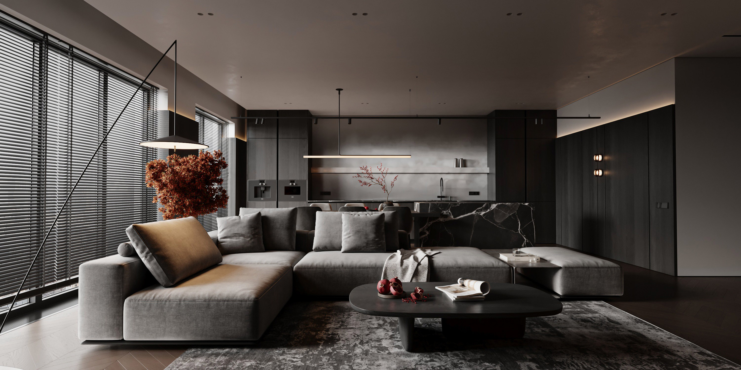 Современная кухня-гостиная с панорамными окнами в Краснодаре