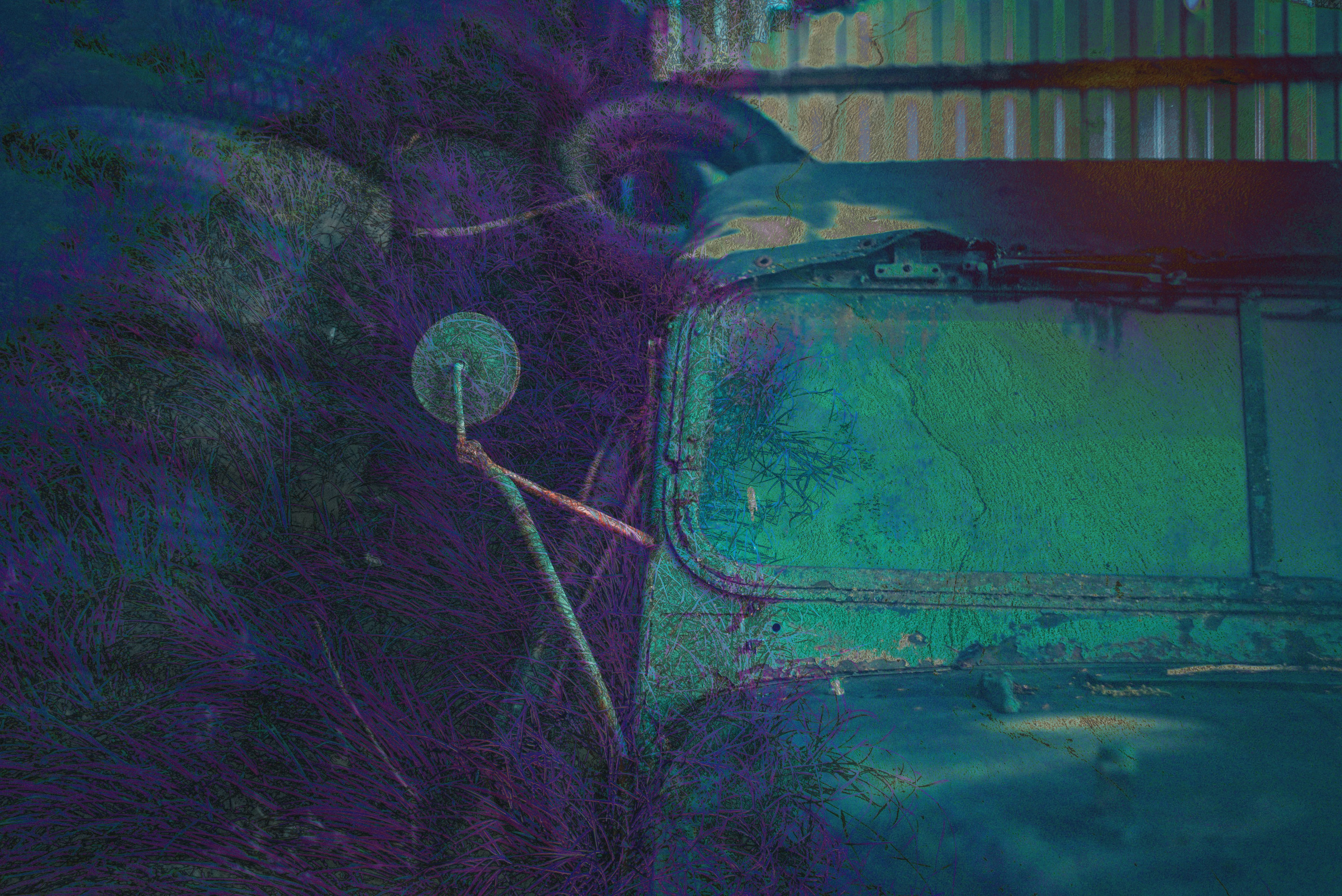 Абстрактный крупный план старого, видавшего виды автомобиля, частично скрытого яркой, заросшей растительностью. На фотографии промышленные элементы, такие как ржавое зеркало и изношенные детали автомобиля, сочетаются с яркими зелеными и фиолетовыми оттенками окружающей природы. Идеально подходит для художественных отпечатков, индустриального и вдохновленного природой декора, а также уникальных дизайнерских изделий, демонстрирующих течение времени и красоту распада.