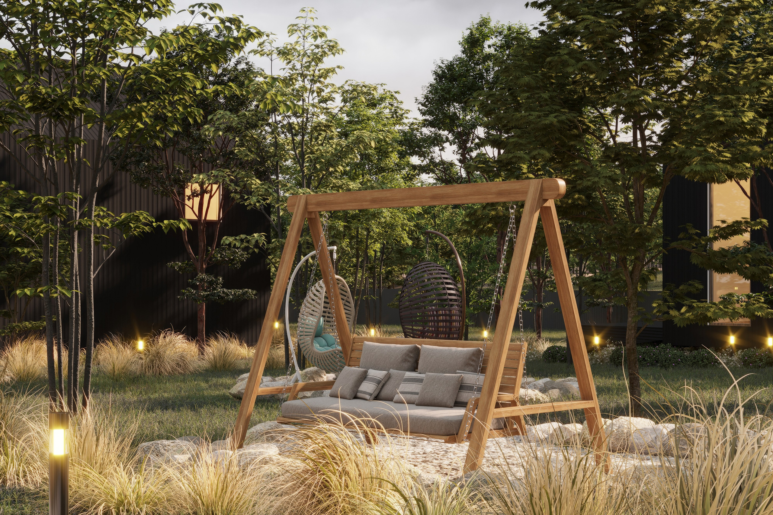 Уличная деревянная качель в природной зоне глэмпинга рядом с тропинкой и посадками