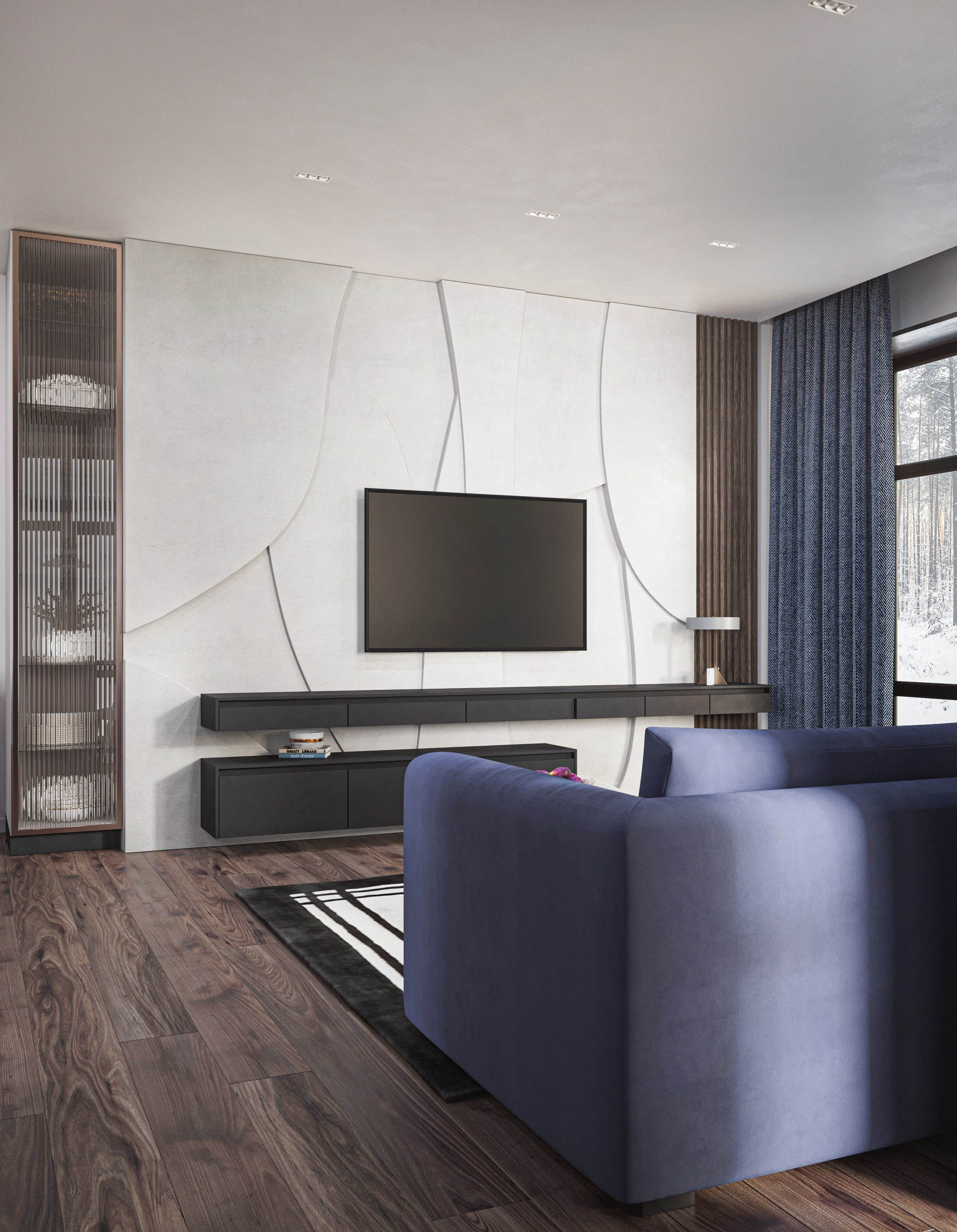 Blue place. 3D visualization of exteriors and interiors