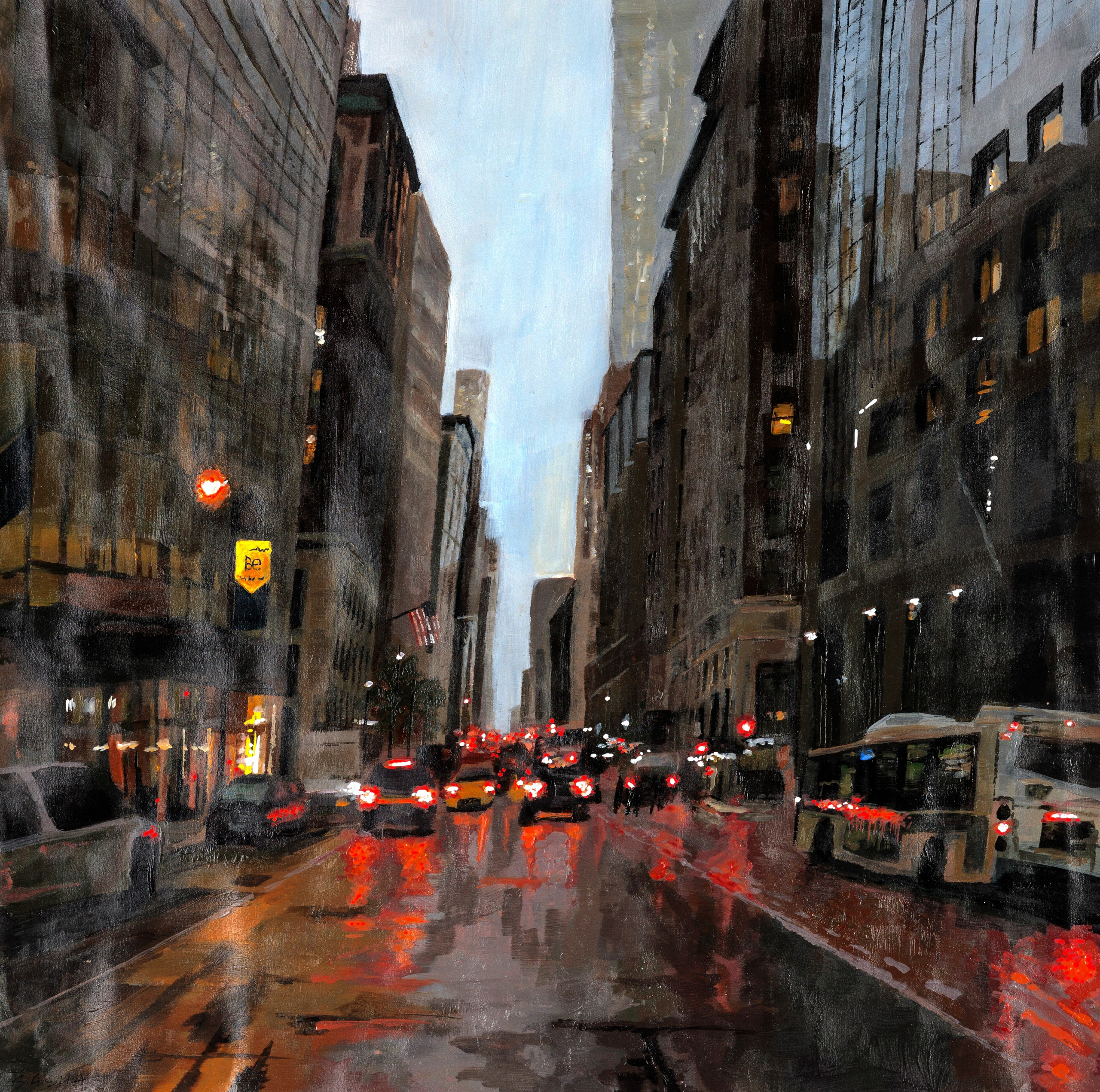 Дождливая городская улица с автомобилями, зданиями и отражениями