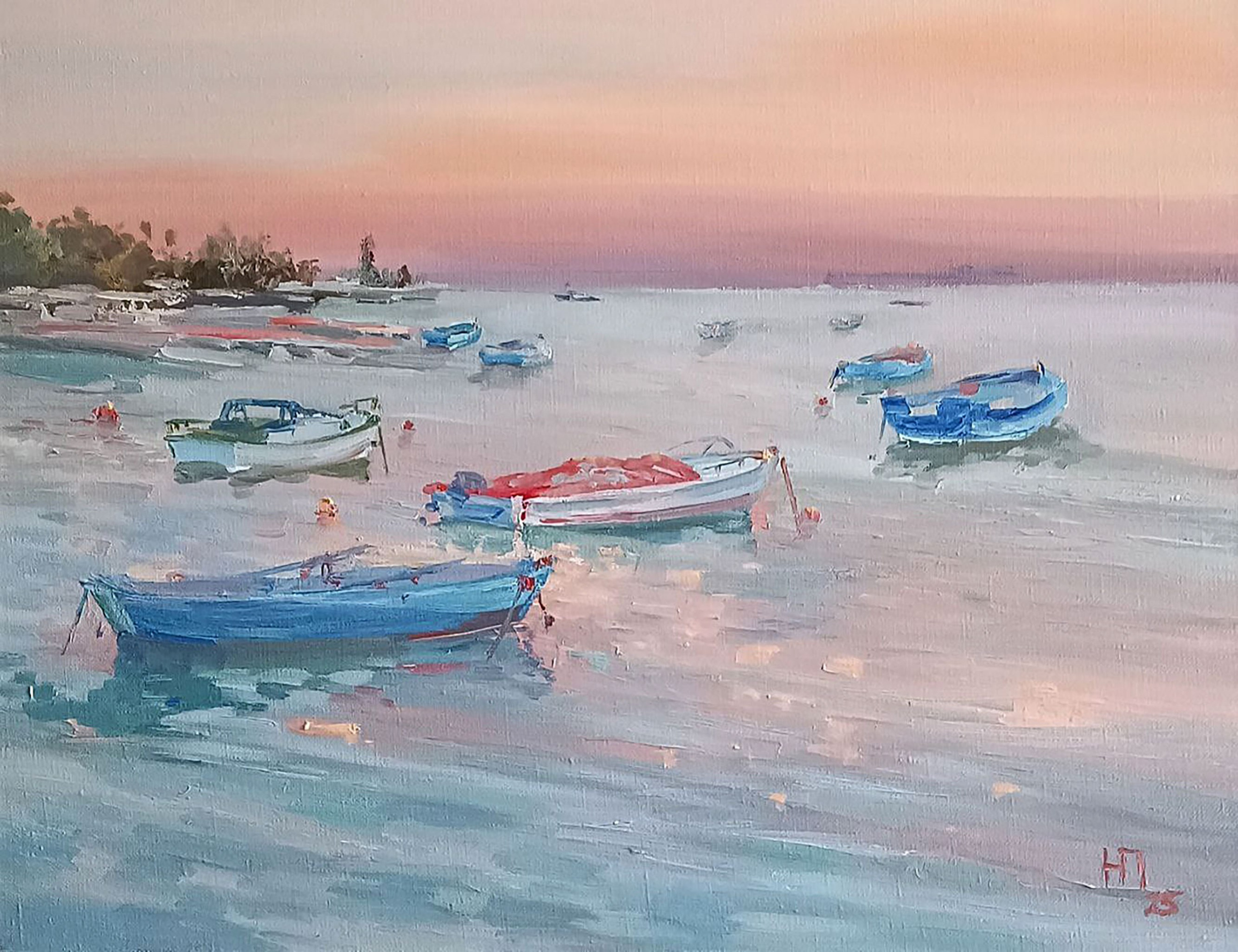 Картина маслом на холсте с лодками на закате