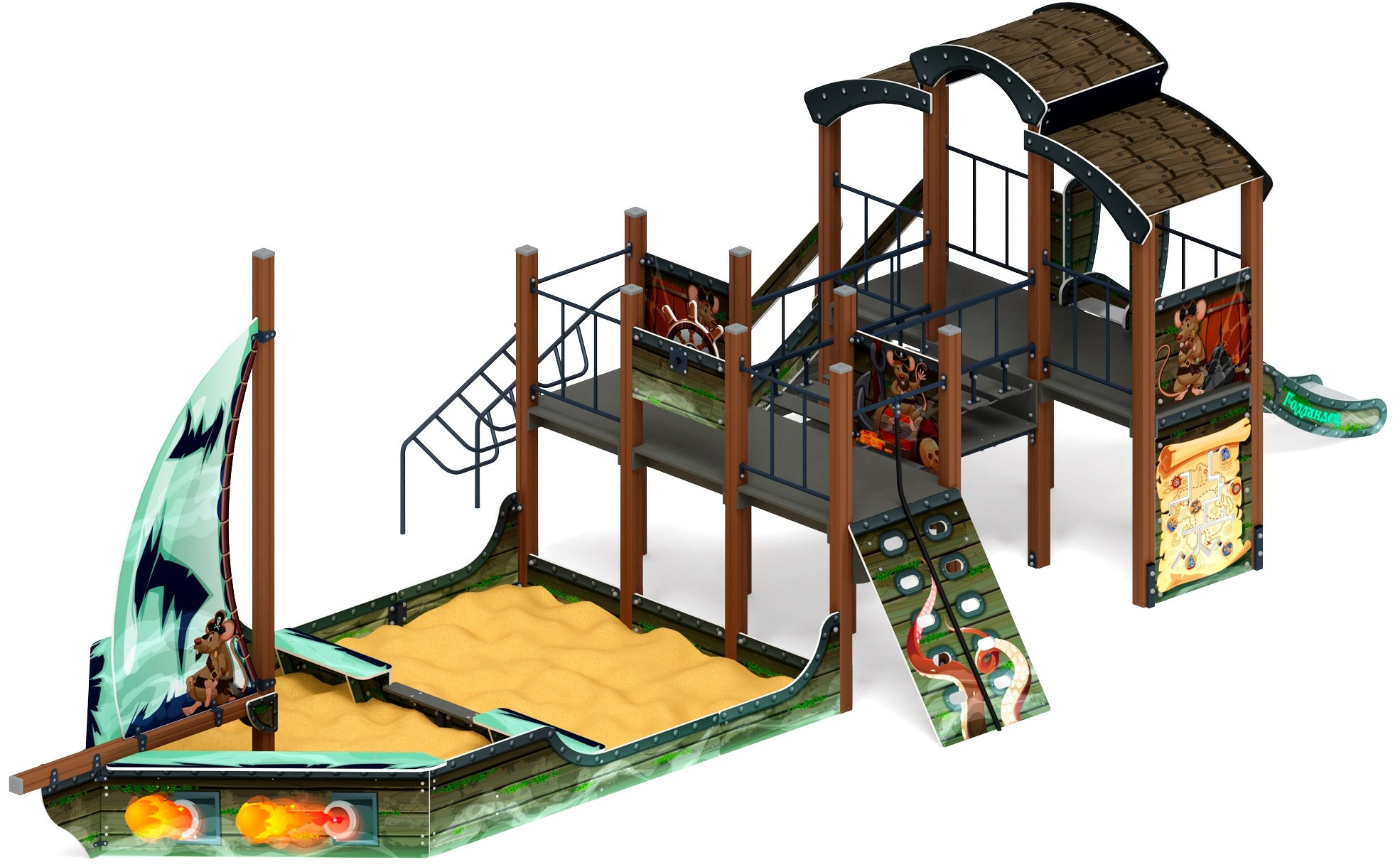 Парусник (Летучий Голландец) - ДИК 2.03.3.02-04 - Игровой комплекс Н=1200                                                                                                Габариты (ШхДхВ): 11045х4790х3500                                                                                                                                                                     Зона безопасности, мм: 14545х7790                                                                                                                                                                Скат горки: H=1200 (металлический скат)                                                                                                                                          Возрастные ограничения от 5 до 12 лет