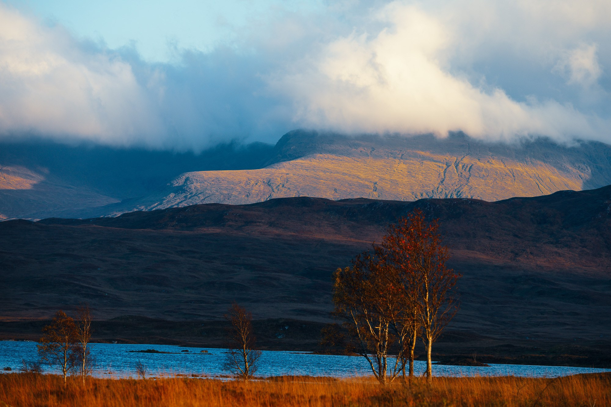 Голубое озеро и поле сухой оранжевой травы на переднем плане, темные холмы и ярко освещенные горы, скрытые низкими облаками, на заднем плане.