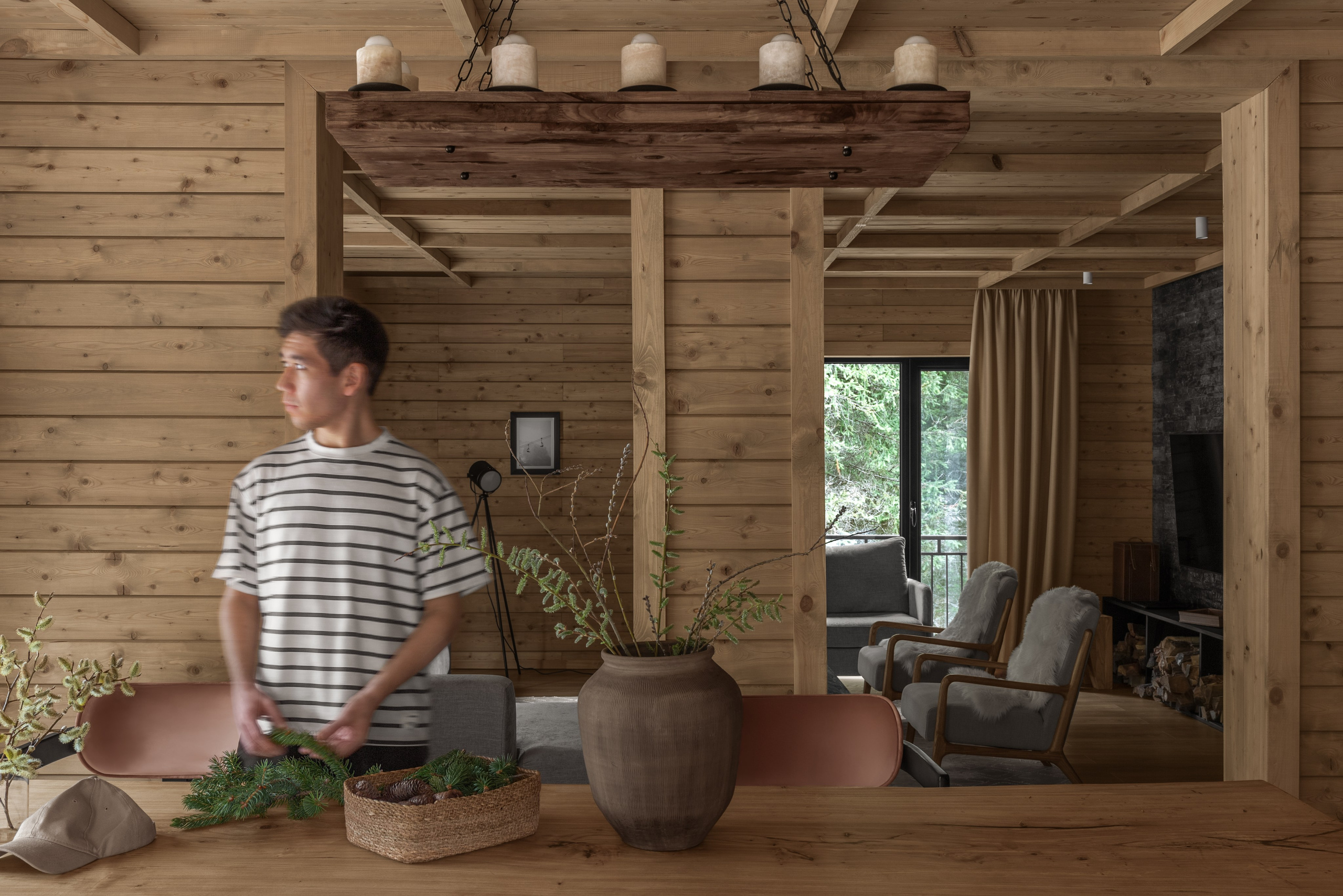 Отель с деревянными домиками в предгорьях Алматы, профессиональные фото интерьера отеля. 