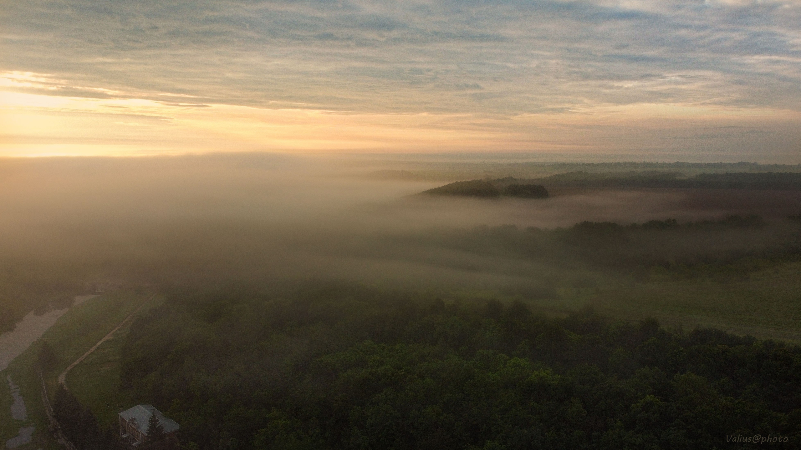 рассвет, туман, поле, коптер