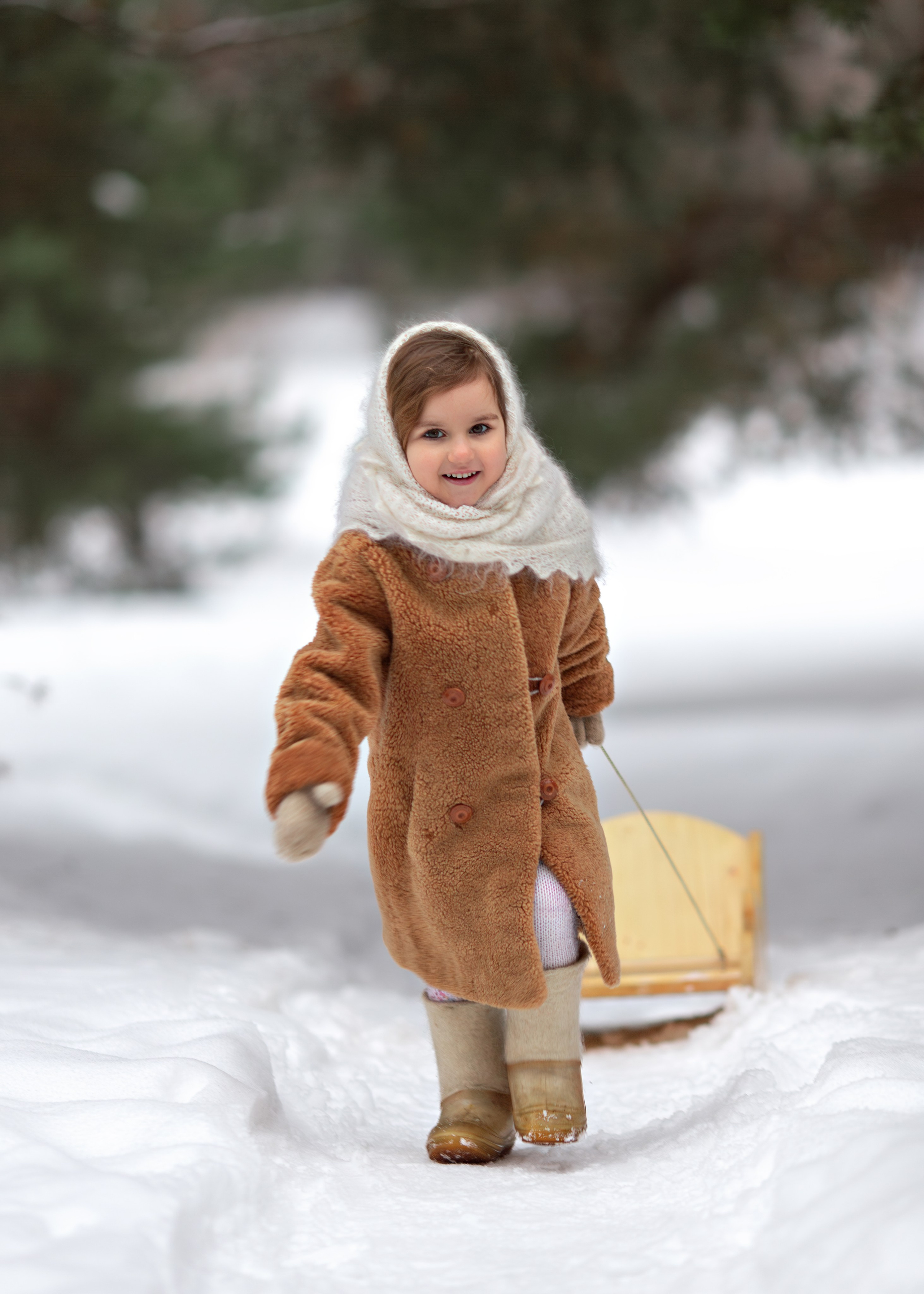 Девочка везет санки в парке