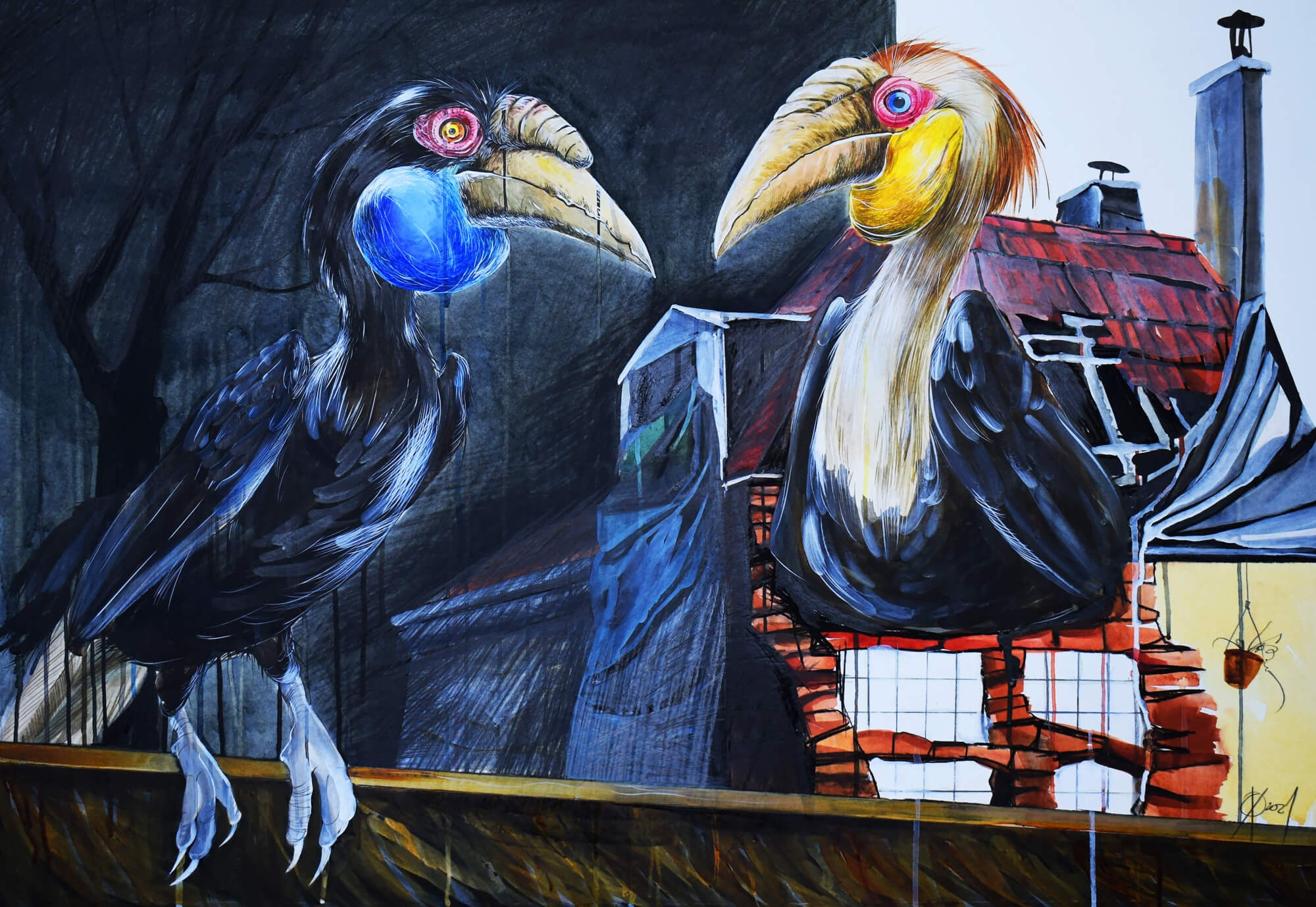 A foreign couple, 70/100, mixed media on paper, 2021