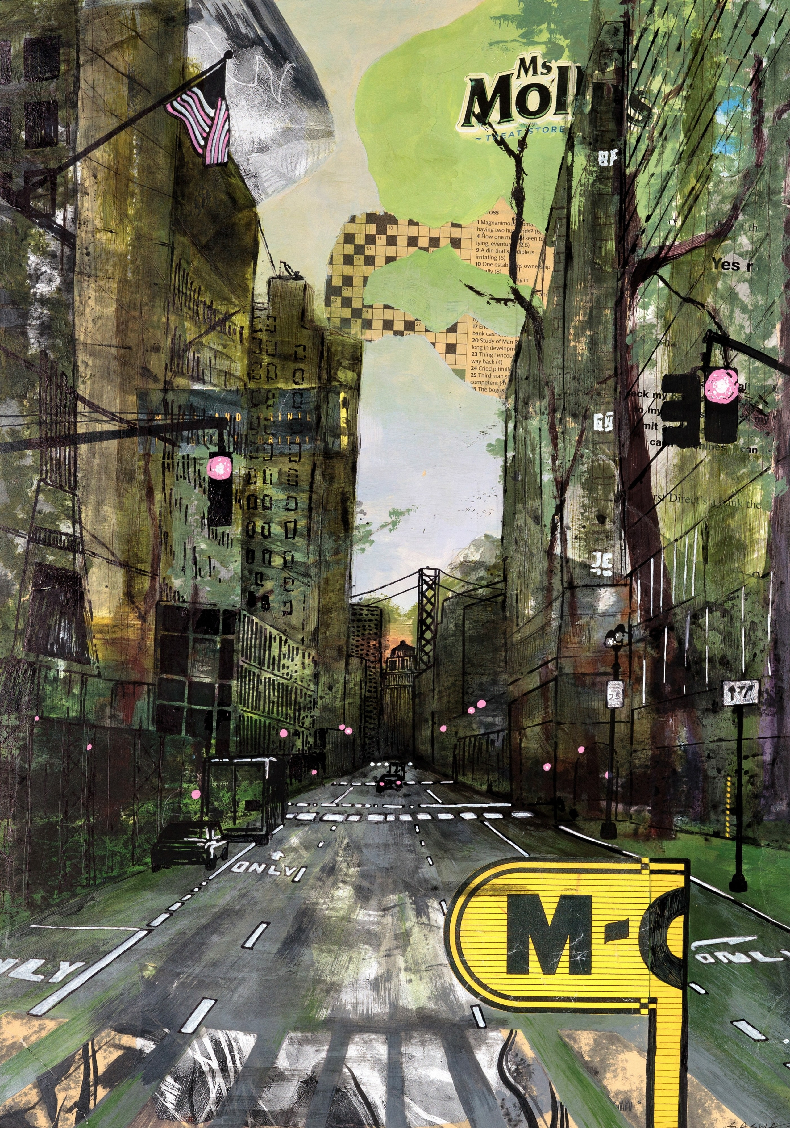 Городской пейзаж с дорожными знаками и американским флагом.