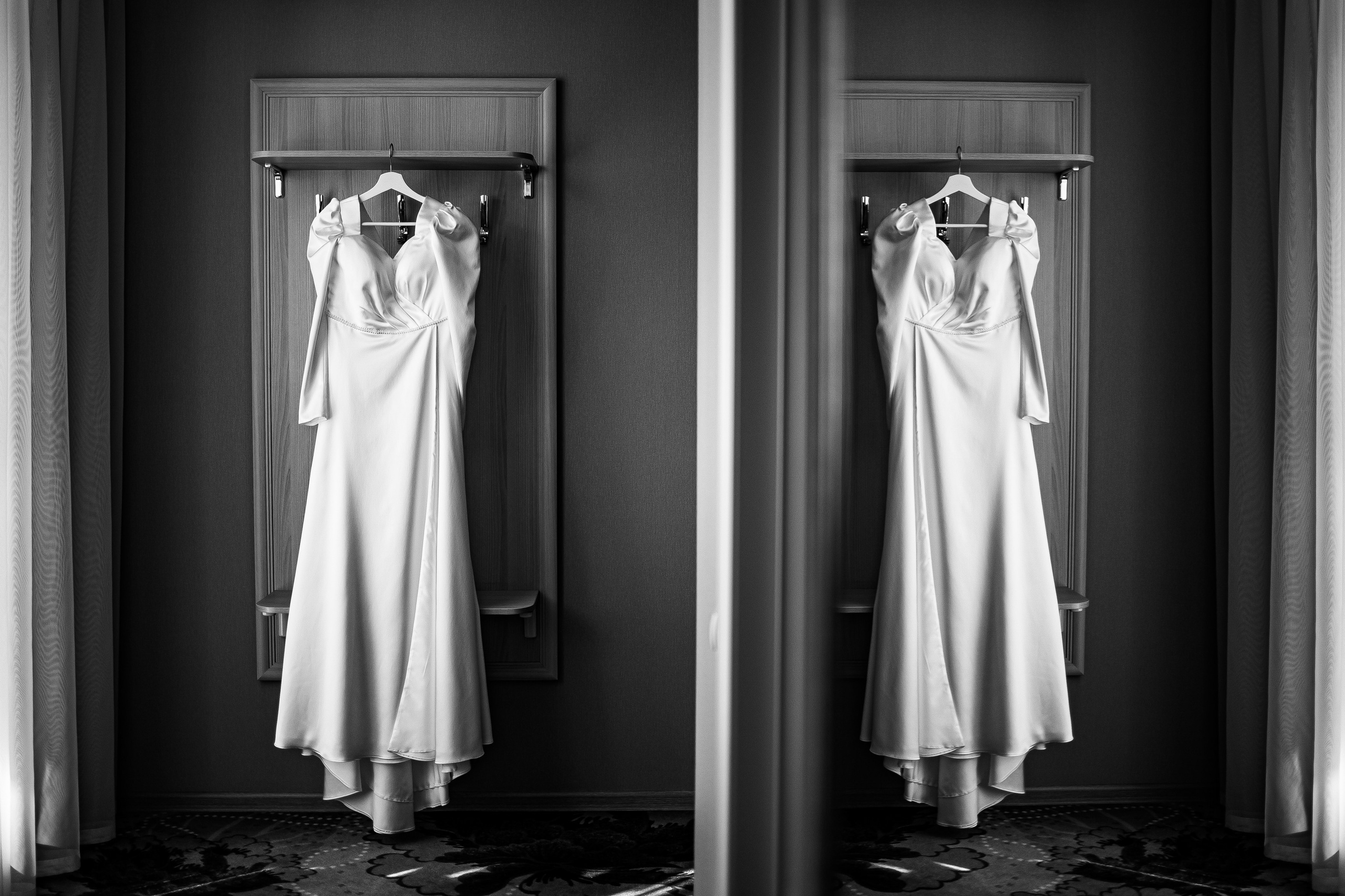Свадебное платье висит на вешалке