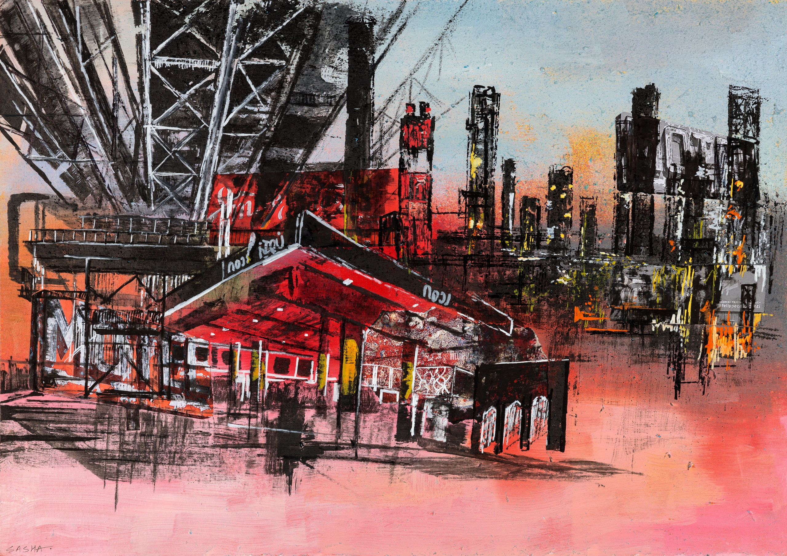 индустриальный пейзаж: вышка, заправка, мост, угрюмая атмосфера