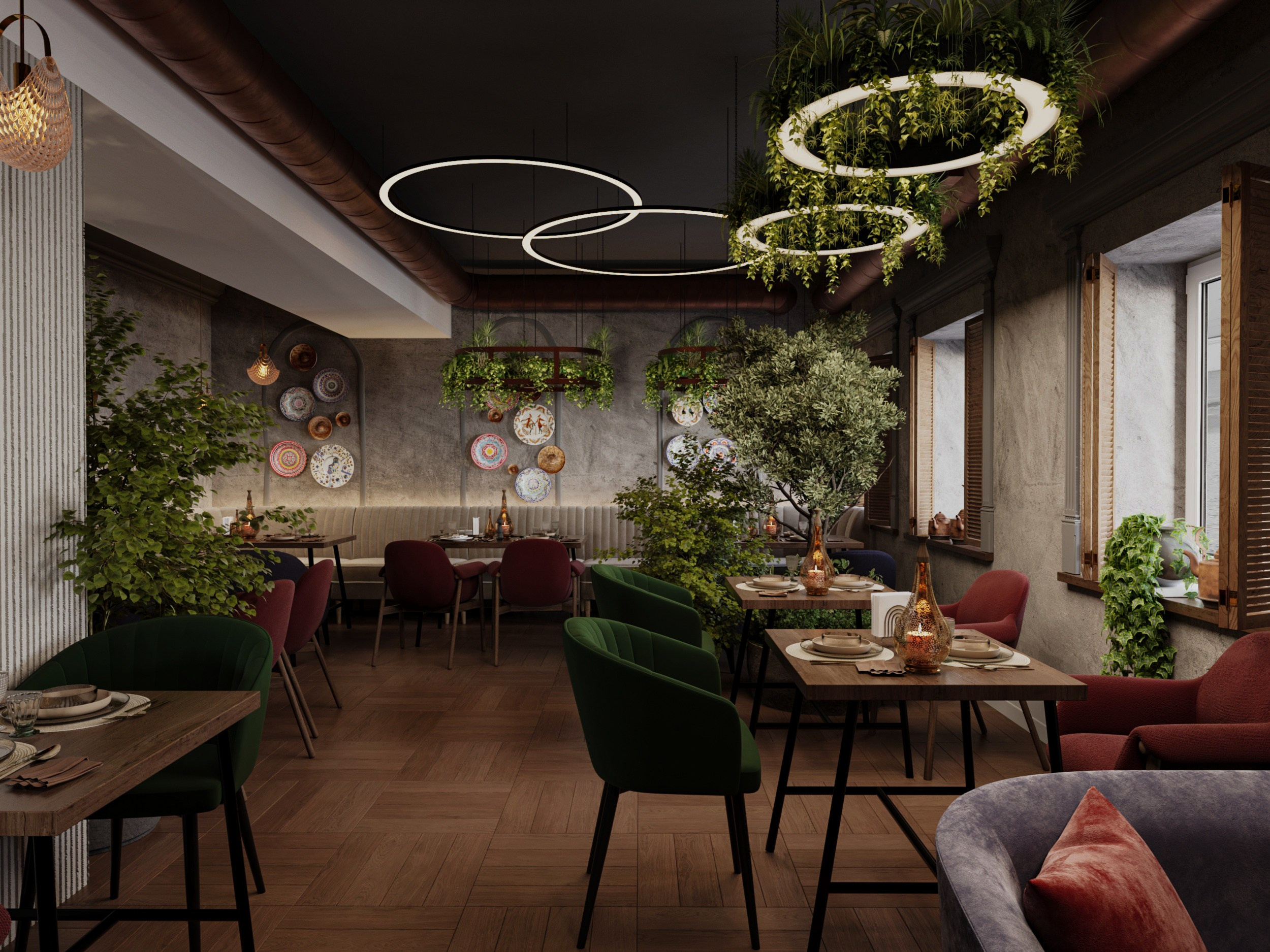 Ресторан восточной кухни со столами и деревянными стульями. В зале множество растительности. Светильники украшены растениями