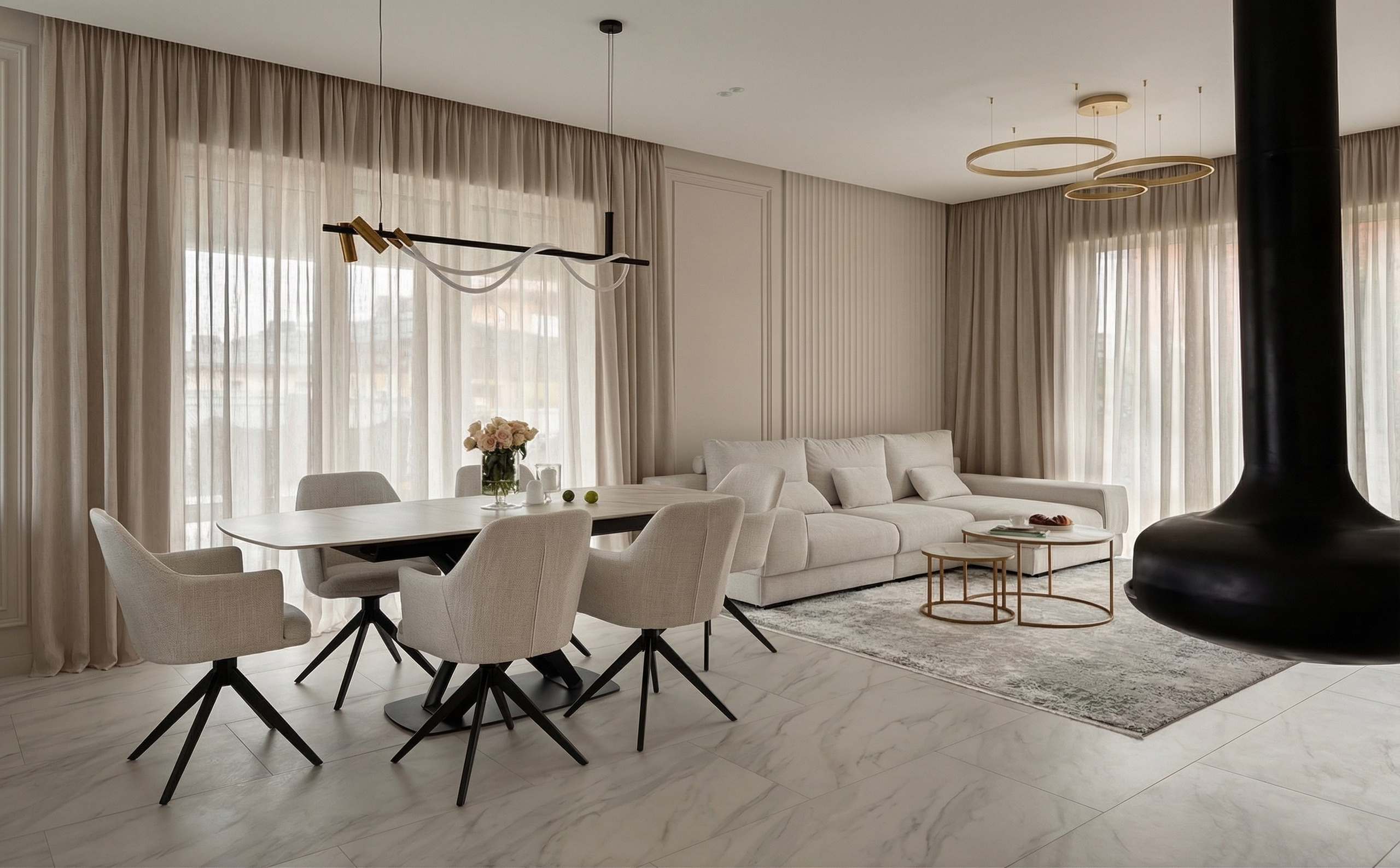 Дизайн интерьера гостиной и столовой в премиальном доме 129 м2 в Краснодаре от Валерии Котович. Монохромная бежевая гамма, современная обеденная группа, лаунж-зона с угловым диваном и дизайнерским освещением.
