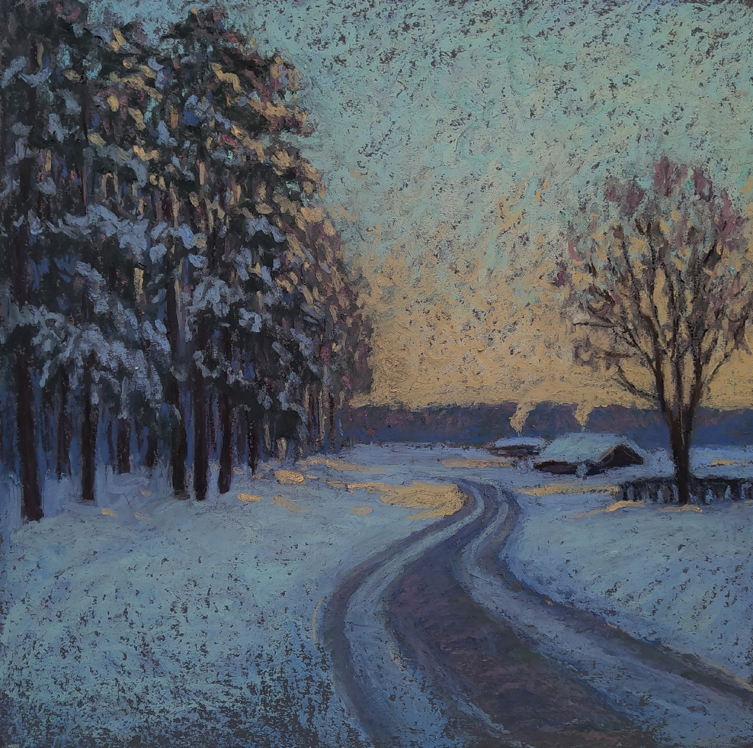 Пейзаж масляной пастелью, рисунок - Зимний морозный рассвет и домики с дымящимися трубами