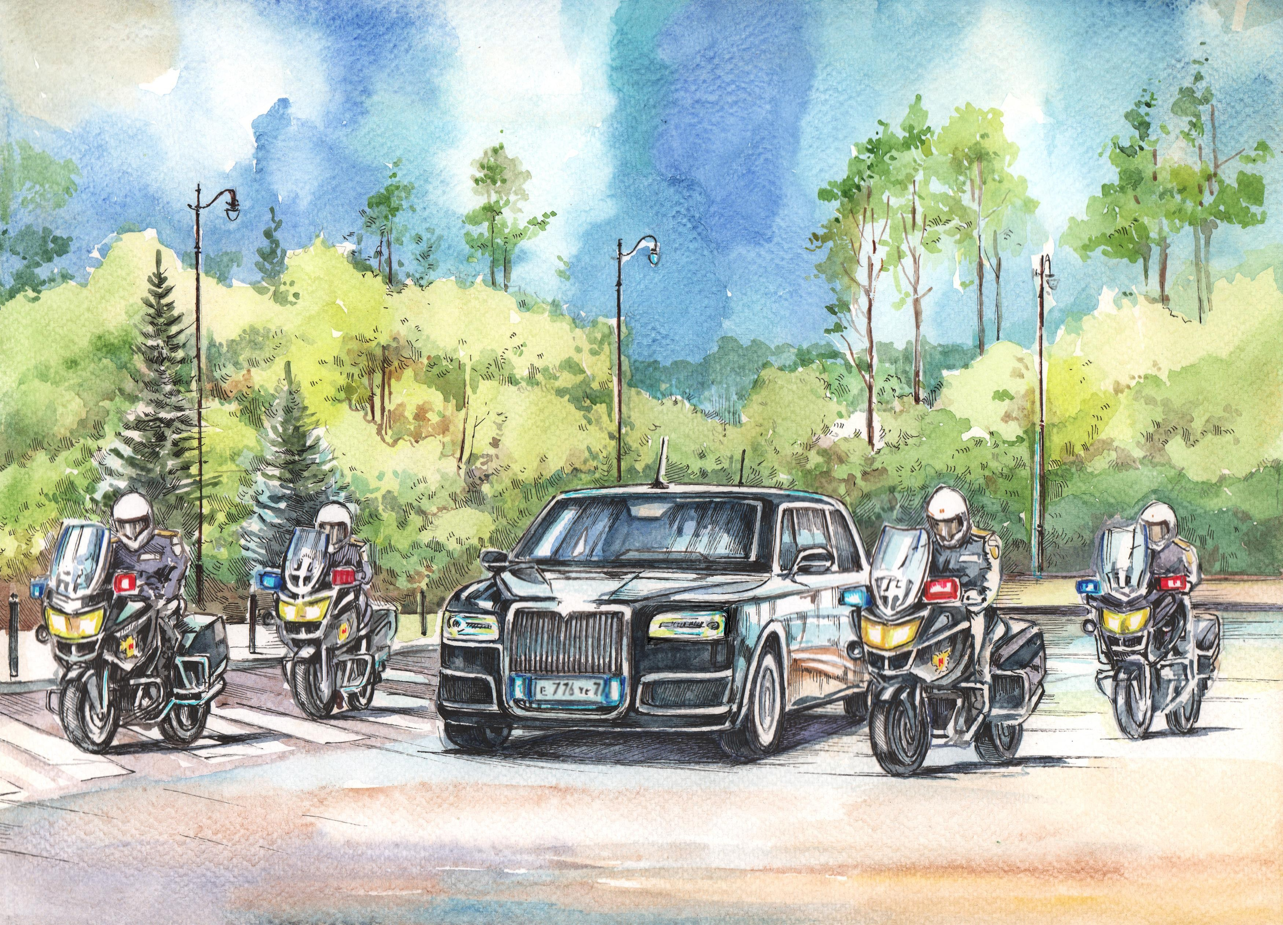 Мотоциклы Почетного Эскорта — работы для музея ГОН. Художник Александр Петрунин