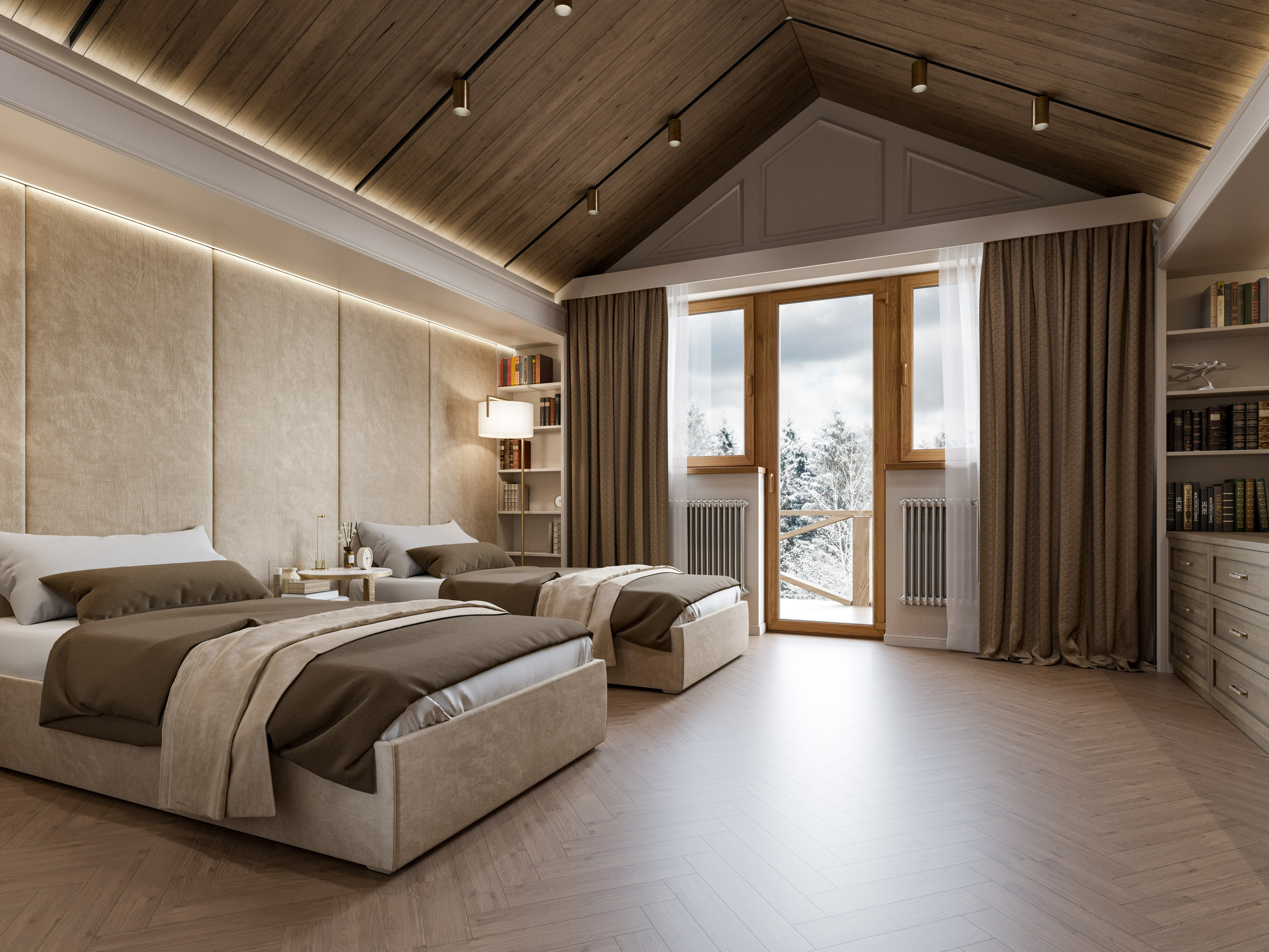 Уютная гостевая спальня с видом на сад в доме из натурального бревна