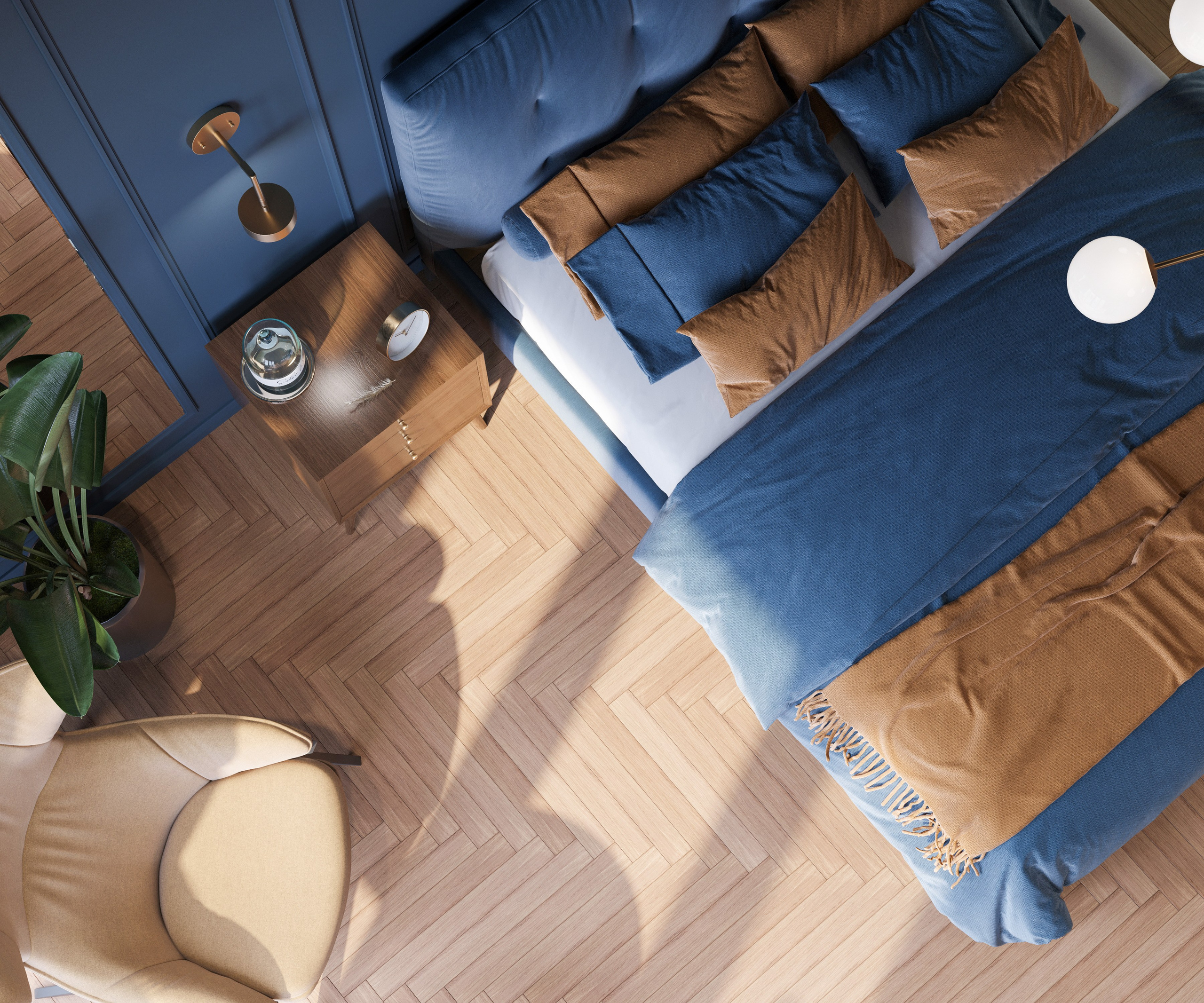 Спальня-кабинет с панорамным окном в синих тонах | 3D визуализация. Визуализатор интерьера в Москве | Брагин Кирилл