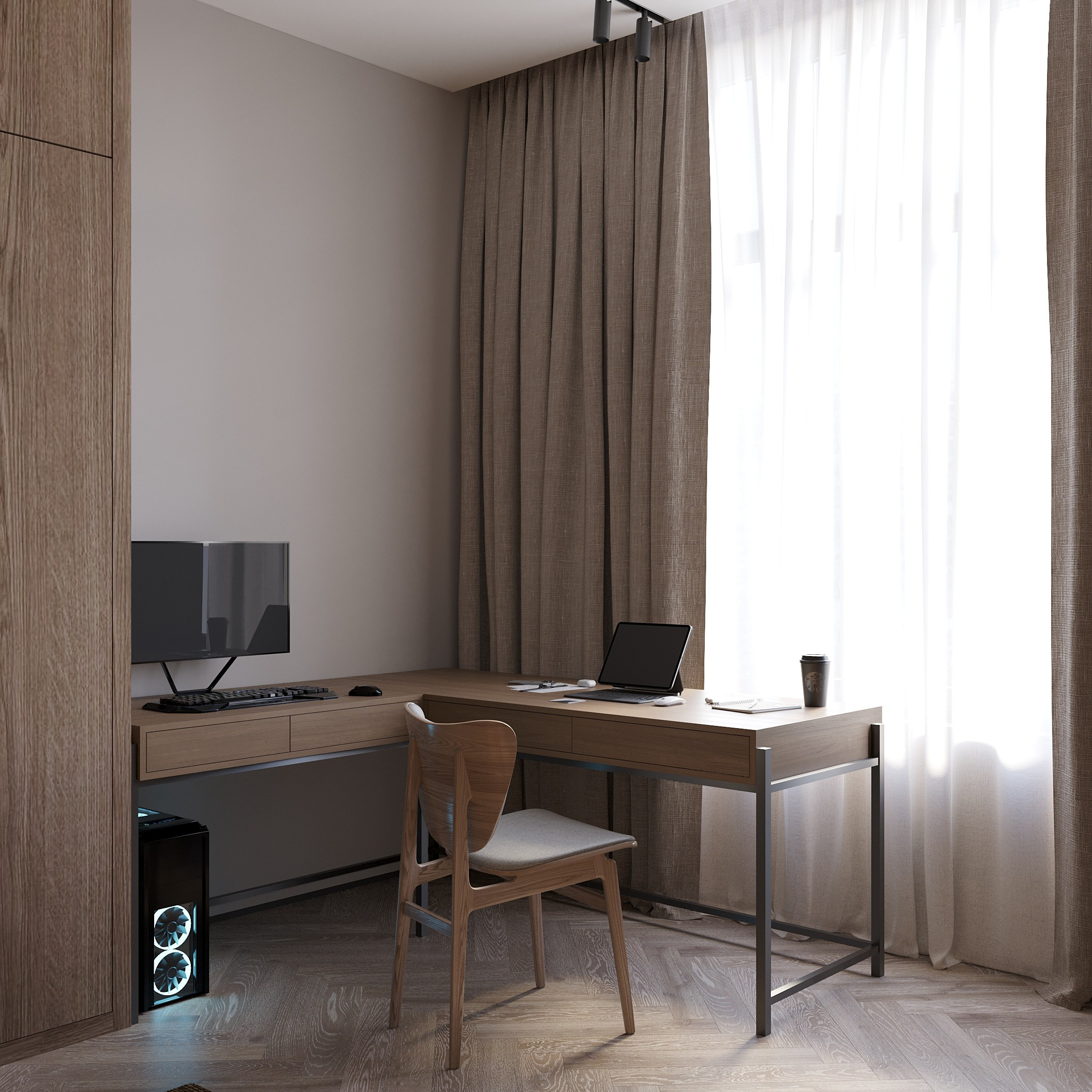 многофункциональное рабочее место в спальне в современном стиле