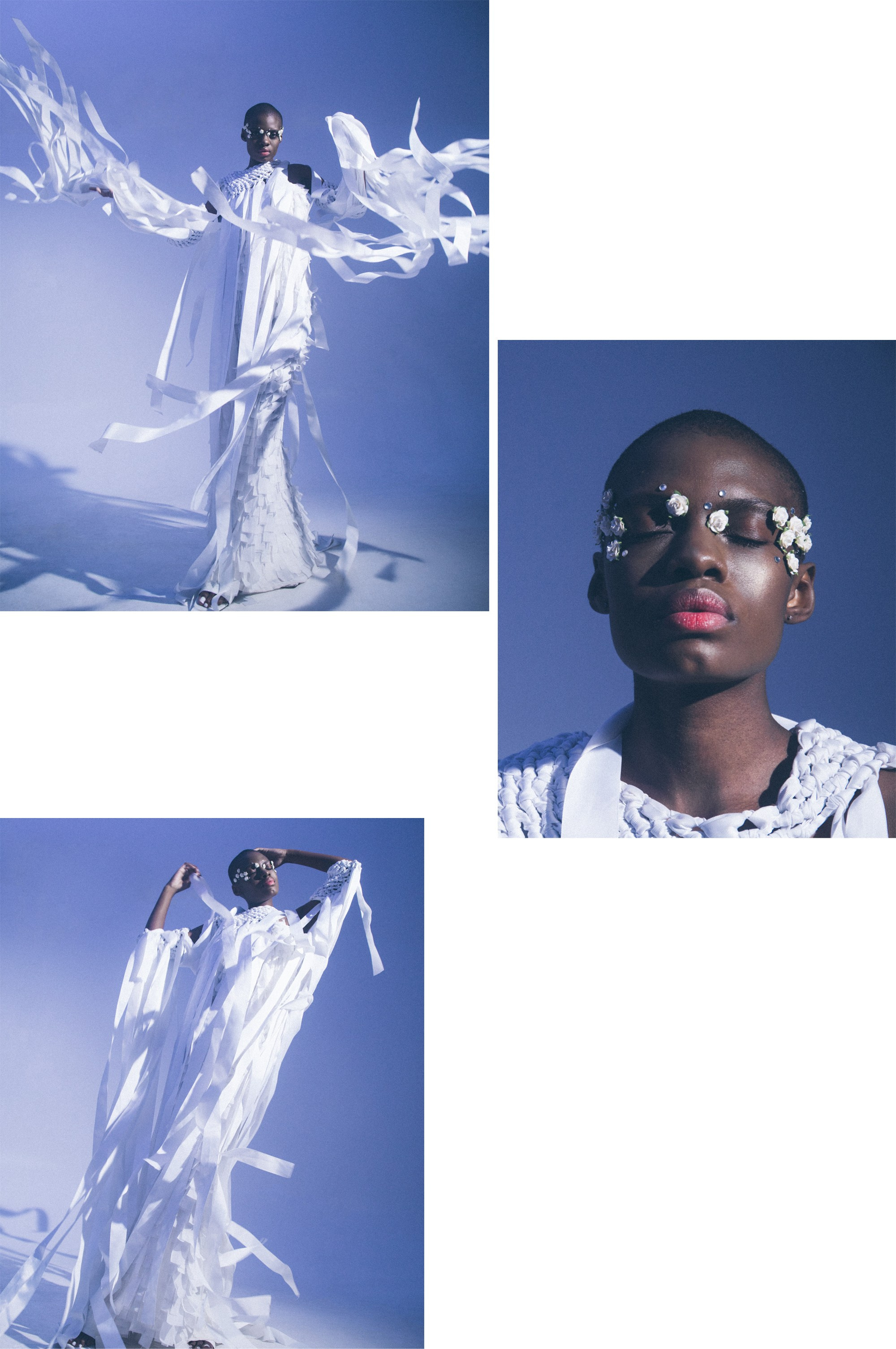 Стильное fashion-фото: темнокожая модель в струящемся белом платье  на небесном фоне, передающей утонченность и современность.  