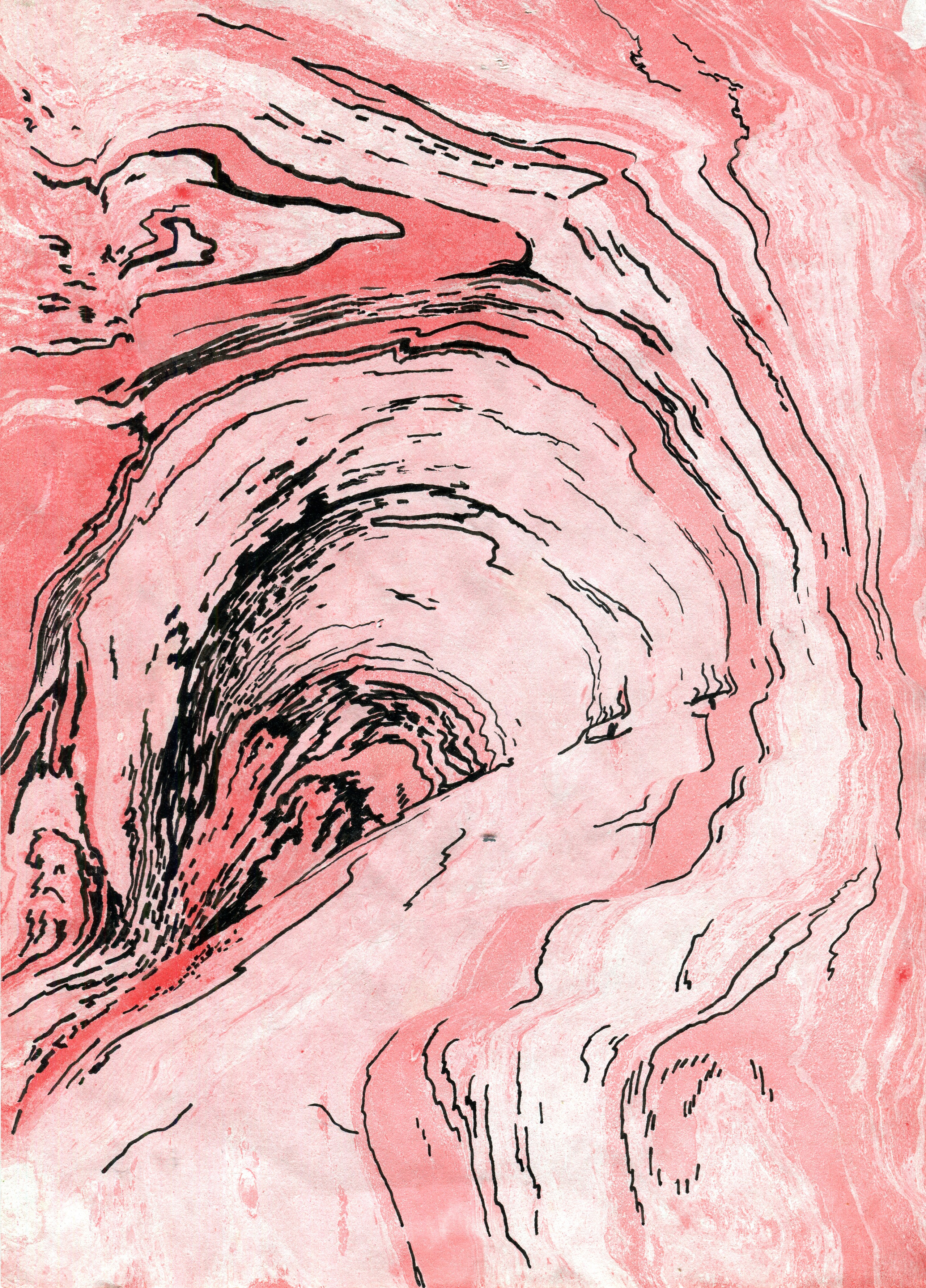 Абстрактное произведение искусства с закрученными узорами в оттенках нежно-розового и белого с контрастными черными линиями. Композиция характеризуется текучими, органическими формами, которые вызывают движение и глубину, напоминая спиральное или вихревое движение. Мягкие изгибы и плавные линии создают ощущение ритма и динамизма, а баланс цвета и формы предлагает захватывающий визуальный опыт.