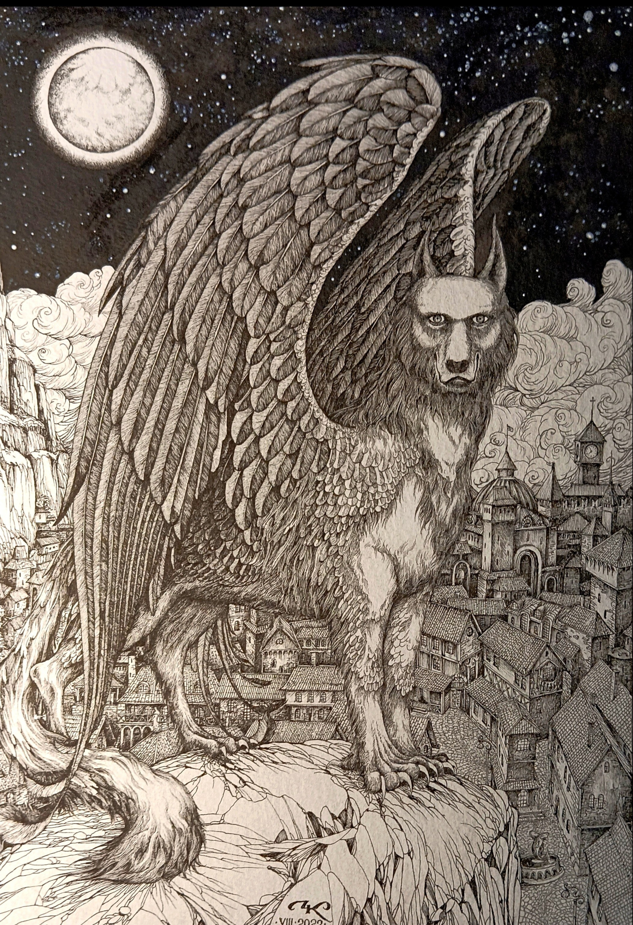 "Семаргл" бумага, тушь, изограф, акрил, р.30х40см., 2022г.