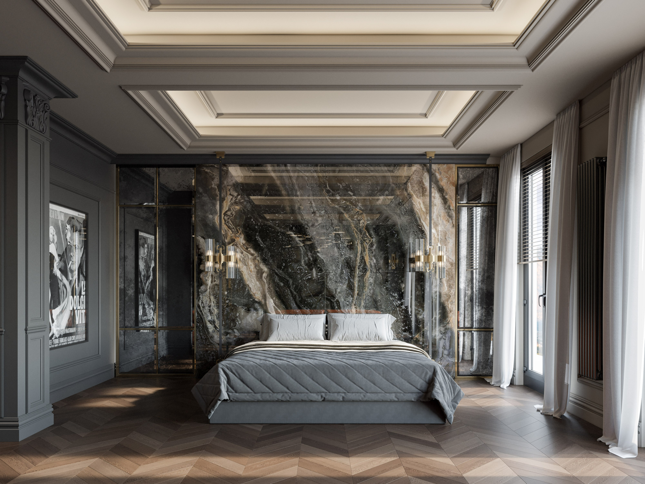 3D визуализация спальни с зоной отдыха, гардеробной и санузлом в классическом стилес